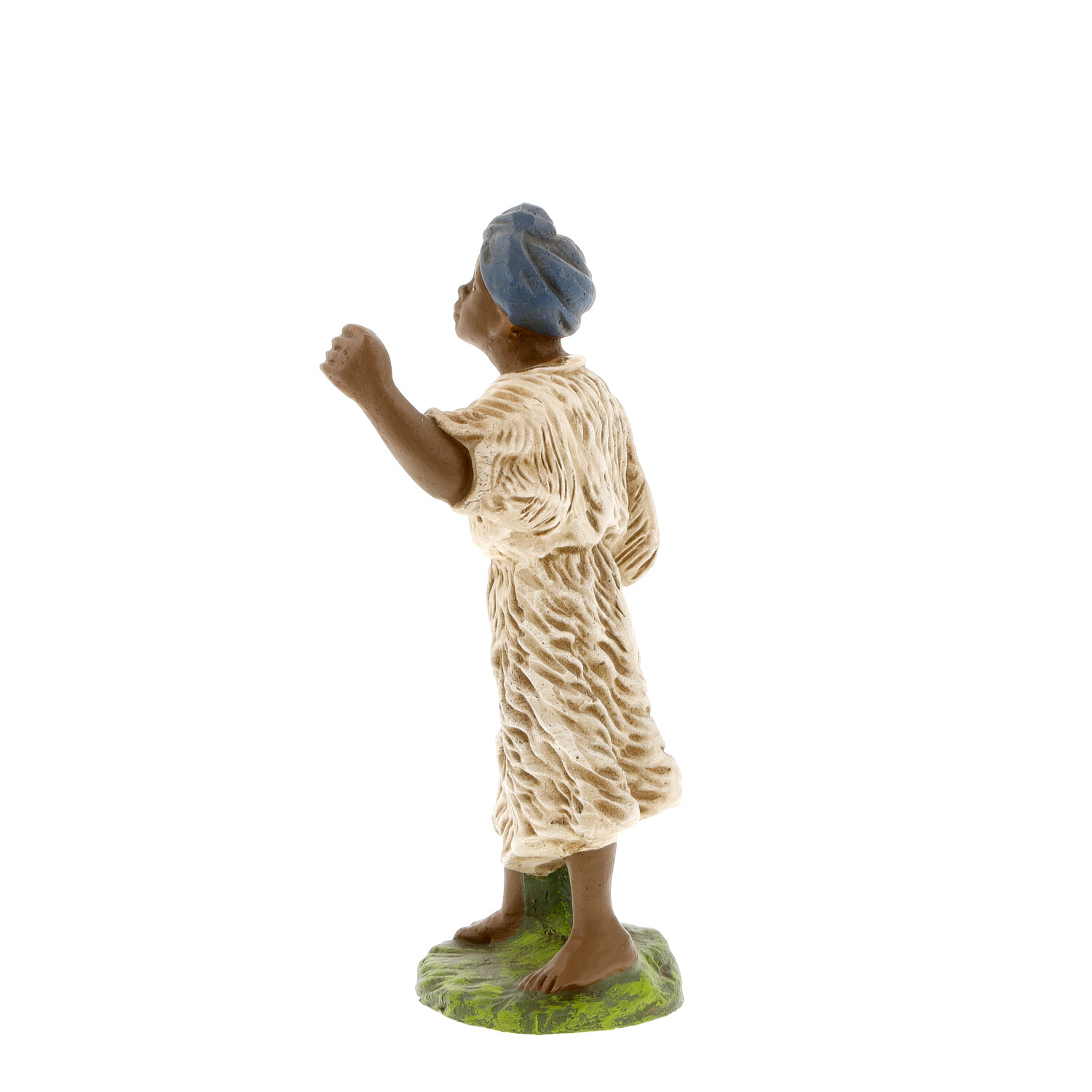 Hirte Krippenfigur seitlich, beige Gewand, grüner Sockel