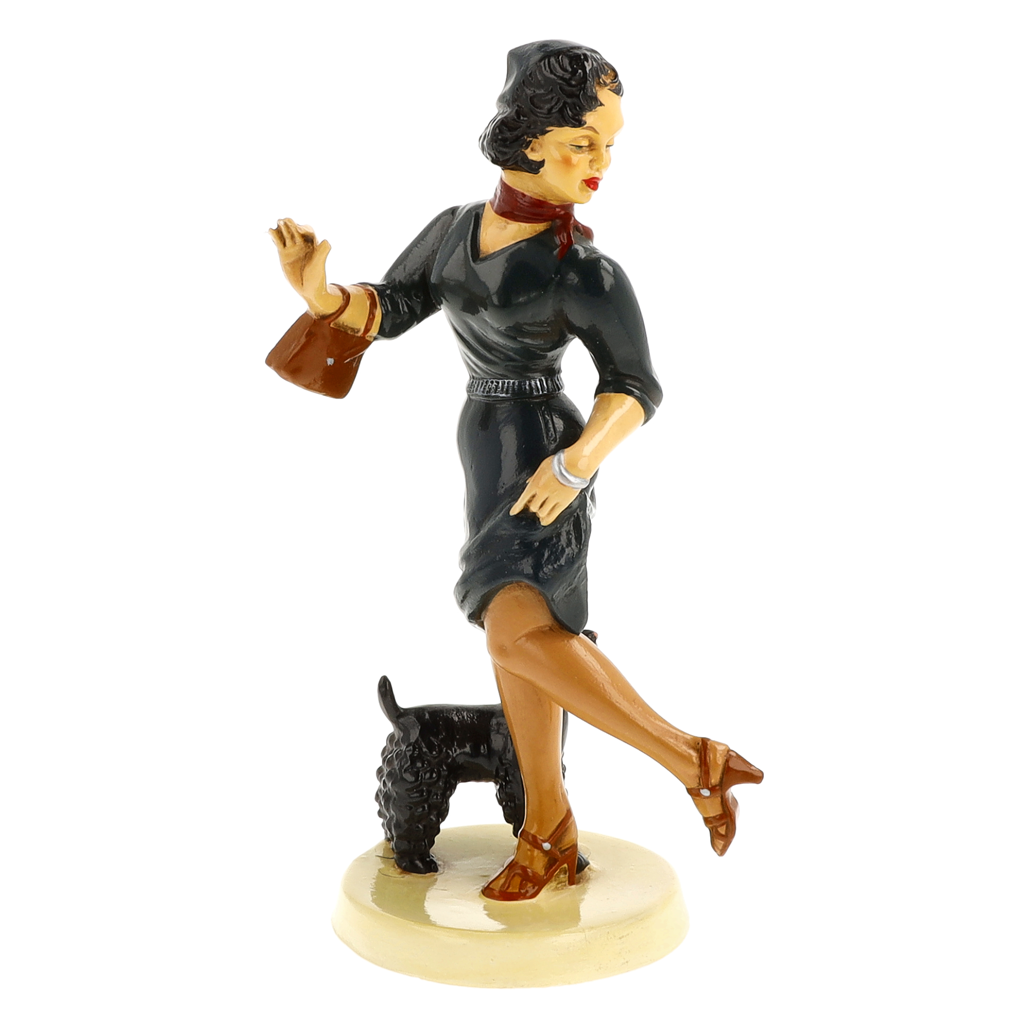Retrofigur Dame mit Pudel und Handtasche auf Sockel