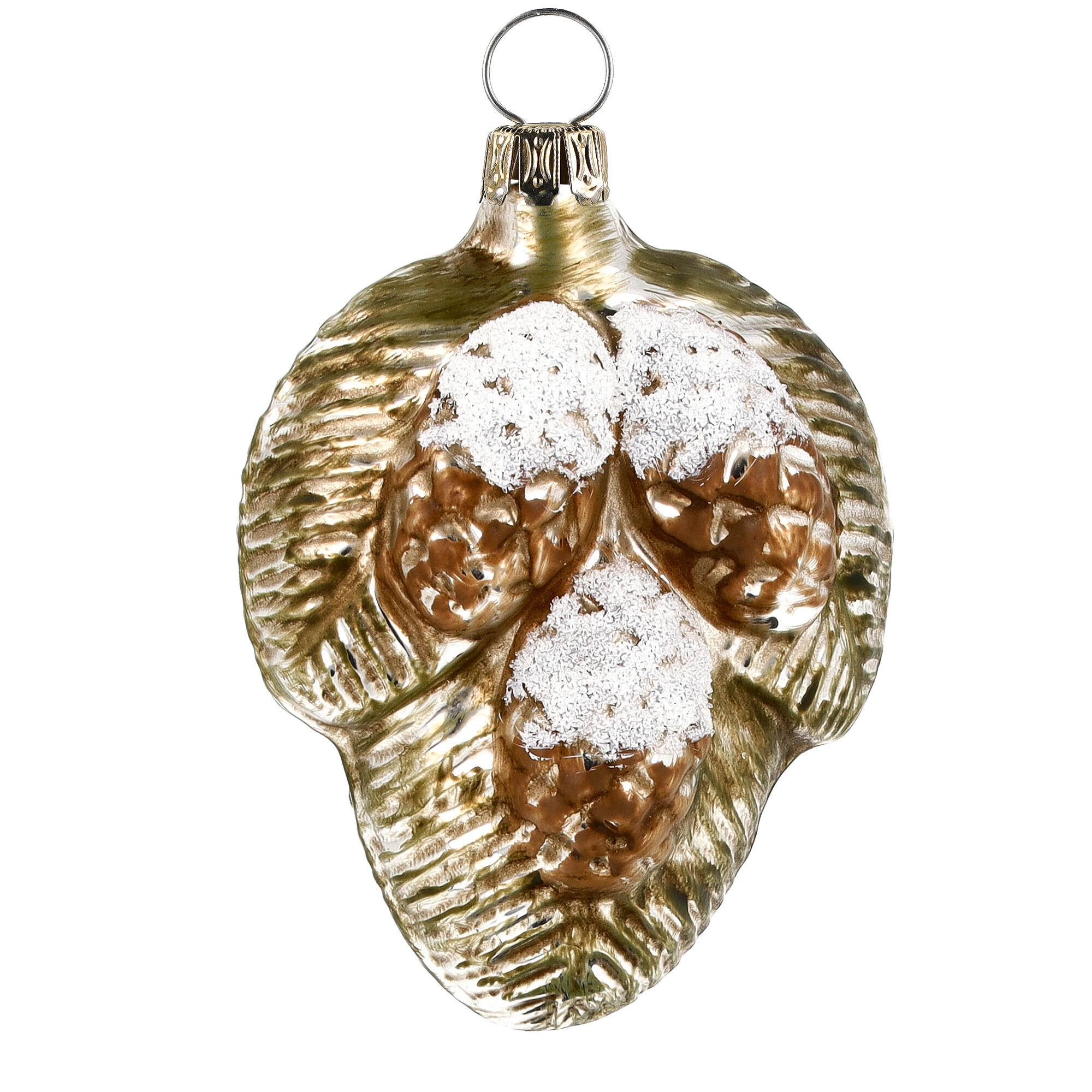 Christbaumschmuck aus Glas: Tannenzapfen mit Schnee, gold
