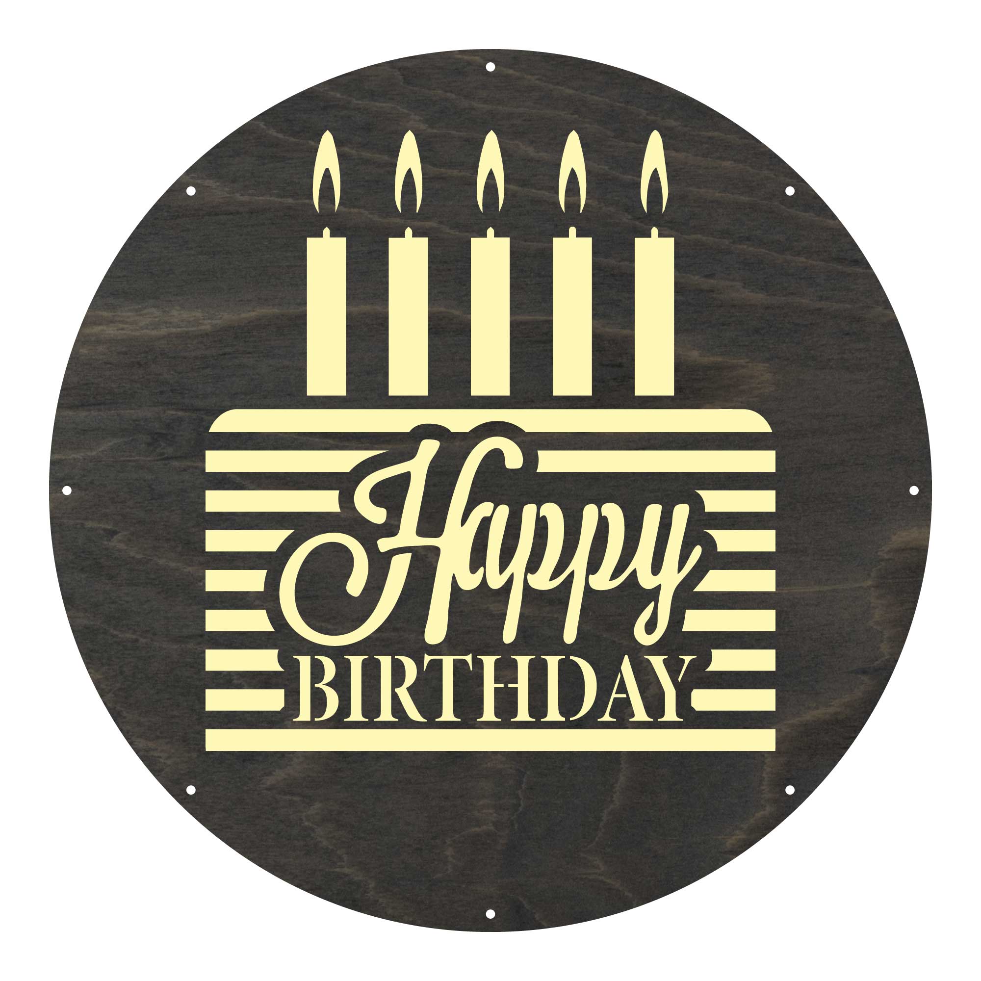 Holzschild rund mit Happy Birthday Schrift und fünf Kerzen
