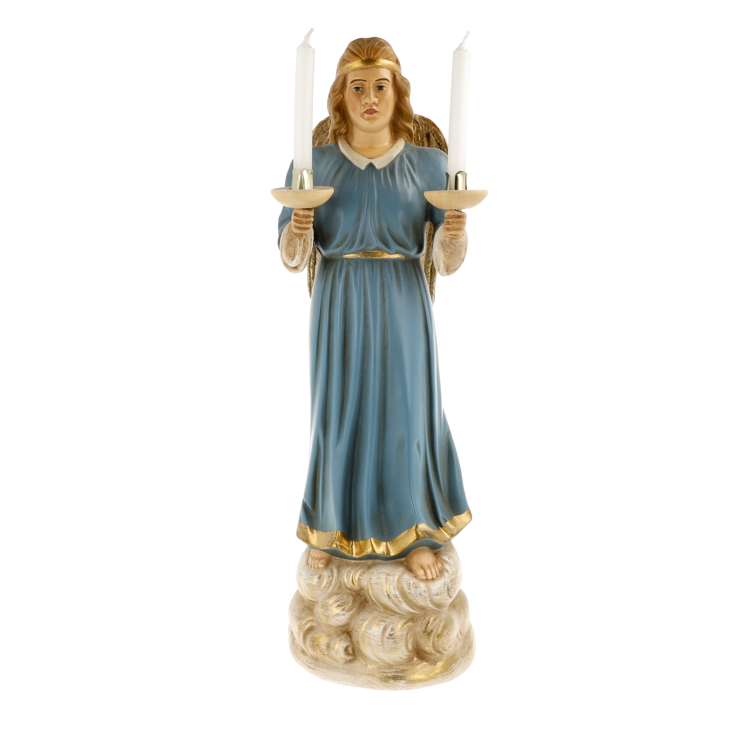 Engel Figur als Kerzenständer mit zwei Kerzen, Blau/Gold
