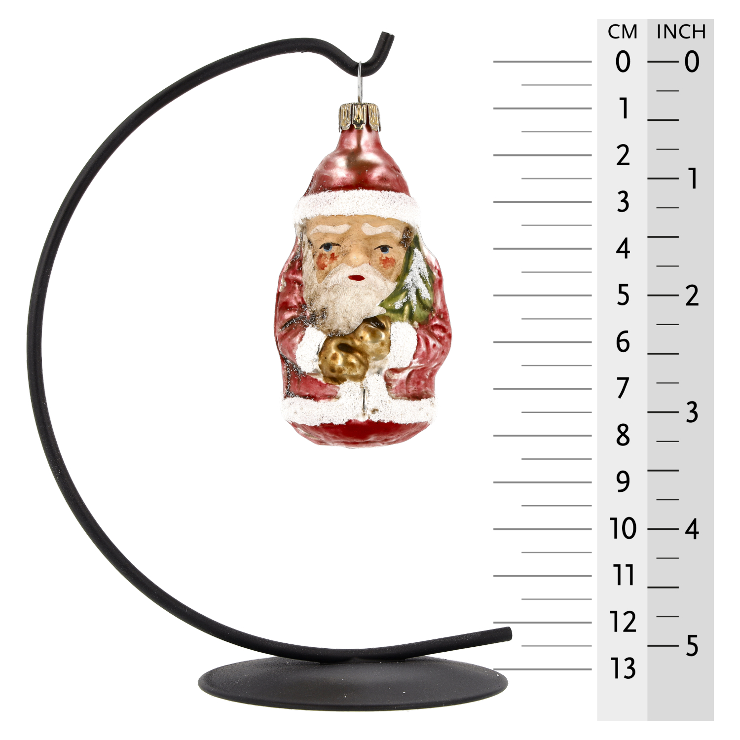Weihnachtsmann Glasanhänger am Metallständer mit Maßstab