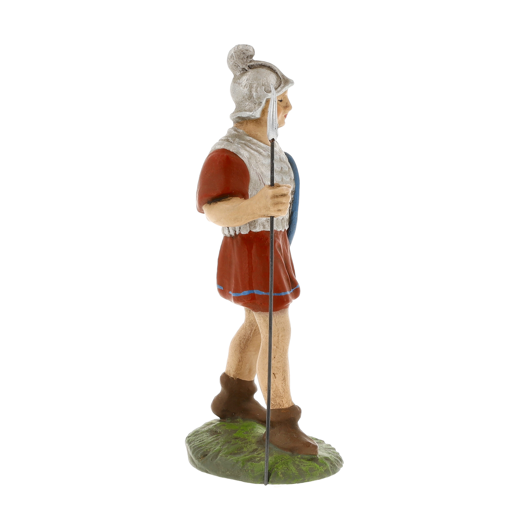 Handbemalte Figur römischer Soldat mit Speer auf Sockel