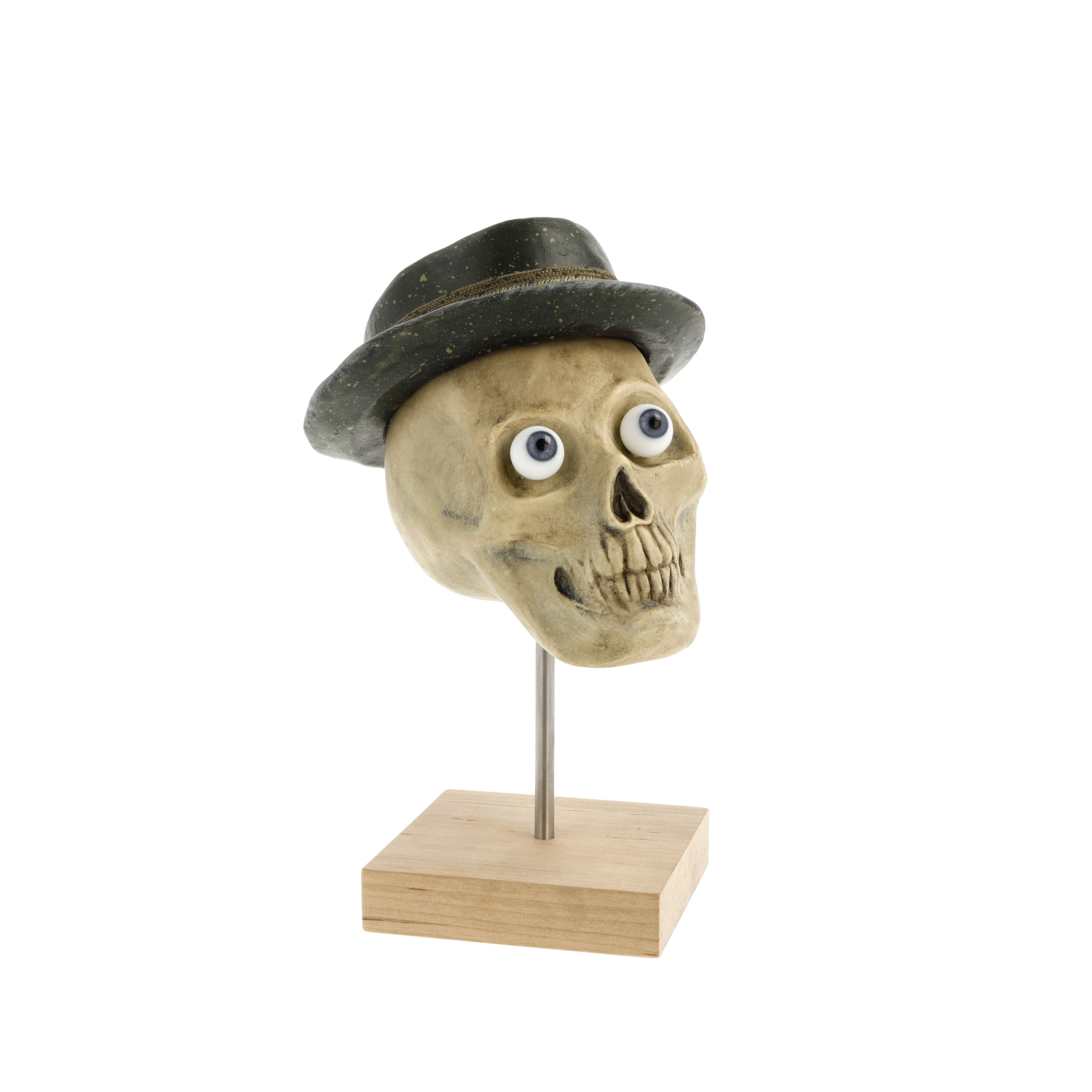 Skulptur: Schädel mit Hut auf Holzsockel, witzige Deko
