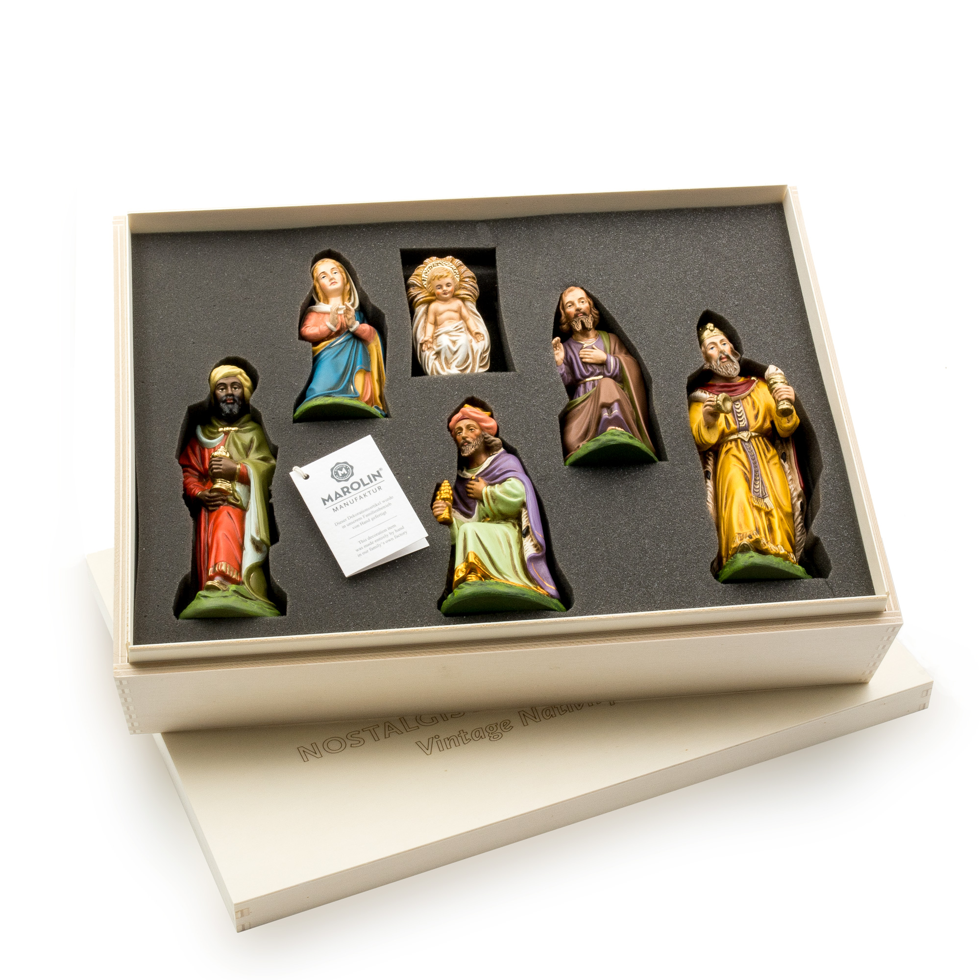 Krippenfiguren Set 6-teilig in Box, bunt bemalt von Marolin