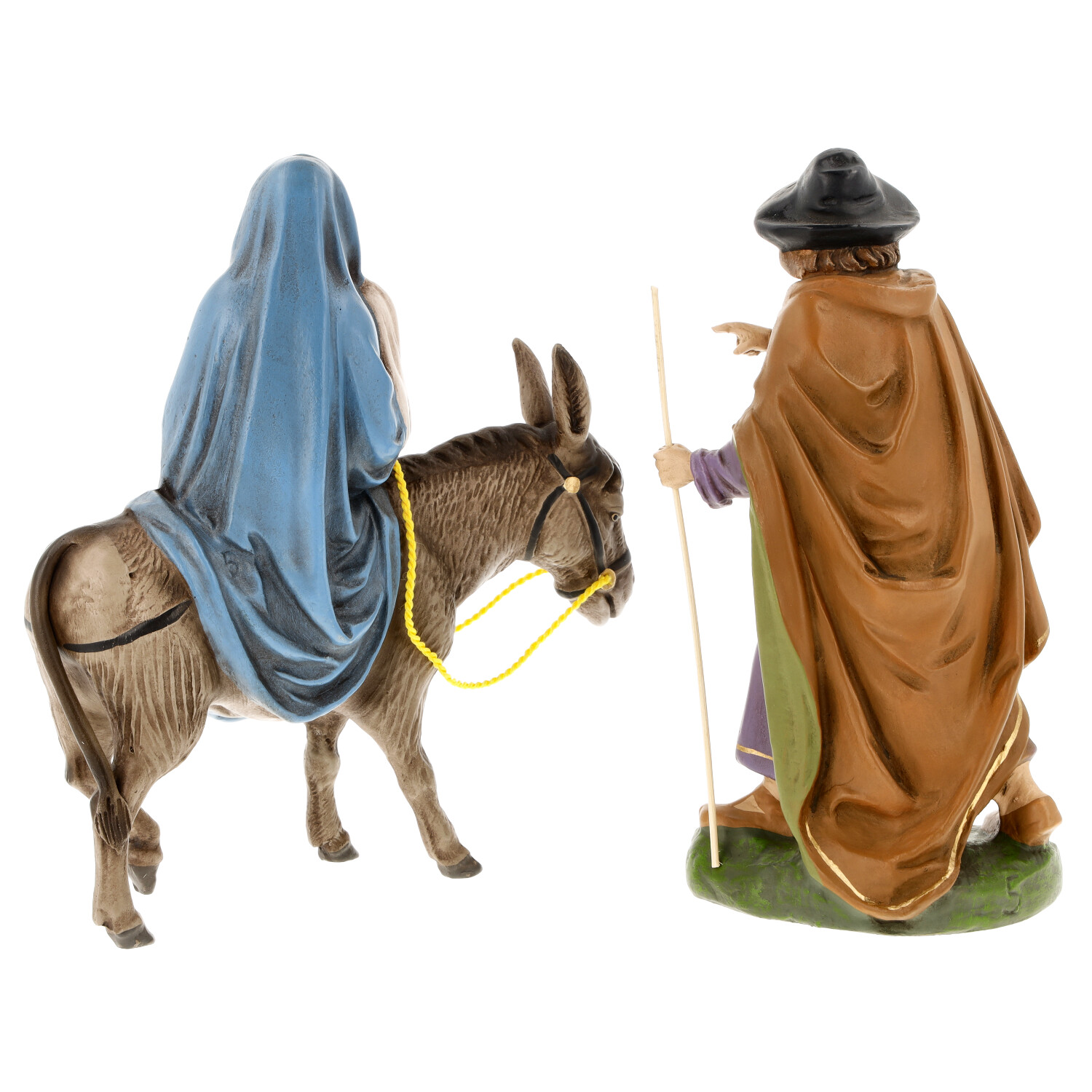 Krippenfiguren: Maria auf Esel, Josef mit Stab, 2-teilig
