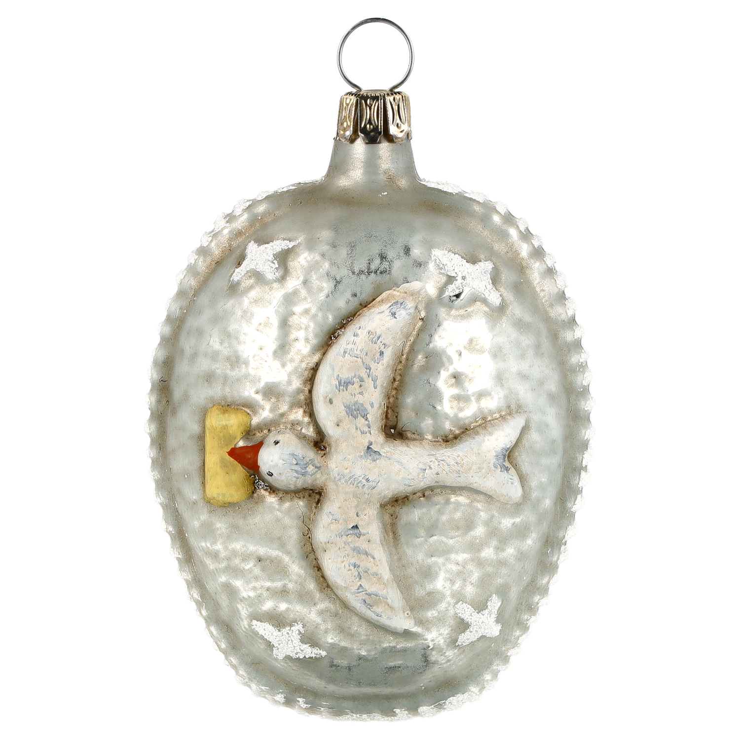 Ovaler Glas-Christbaumanhänger mit Gans und Sternen, silber