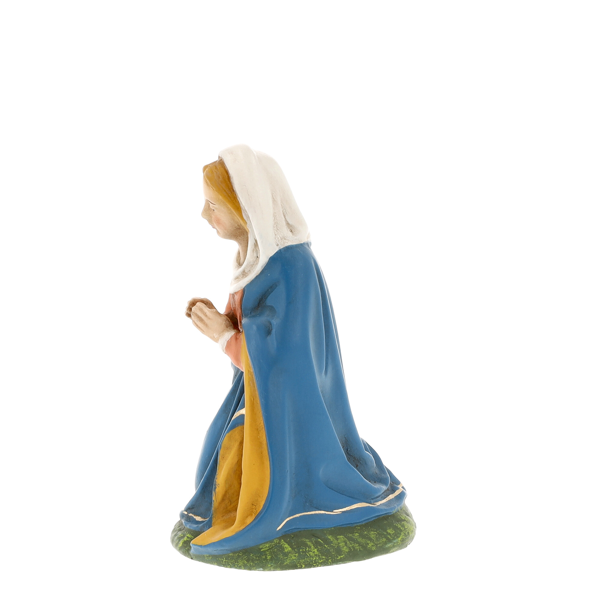 Marienfigur kniend, blauer Mantel, Krippe