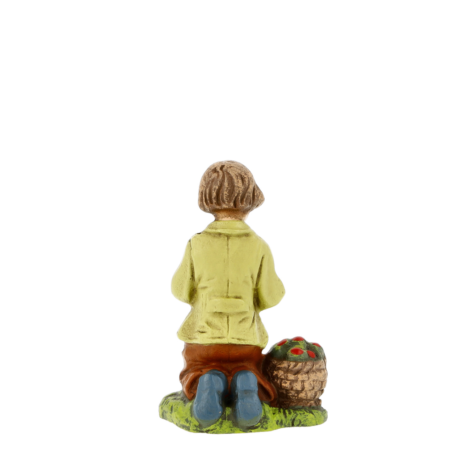 Rückansicht: kniende Kinderfigur mit Korb voller Äpfel