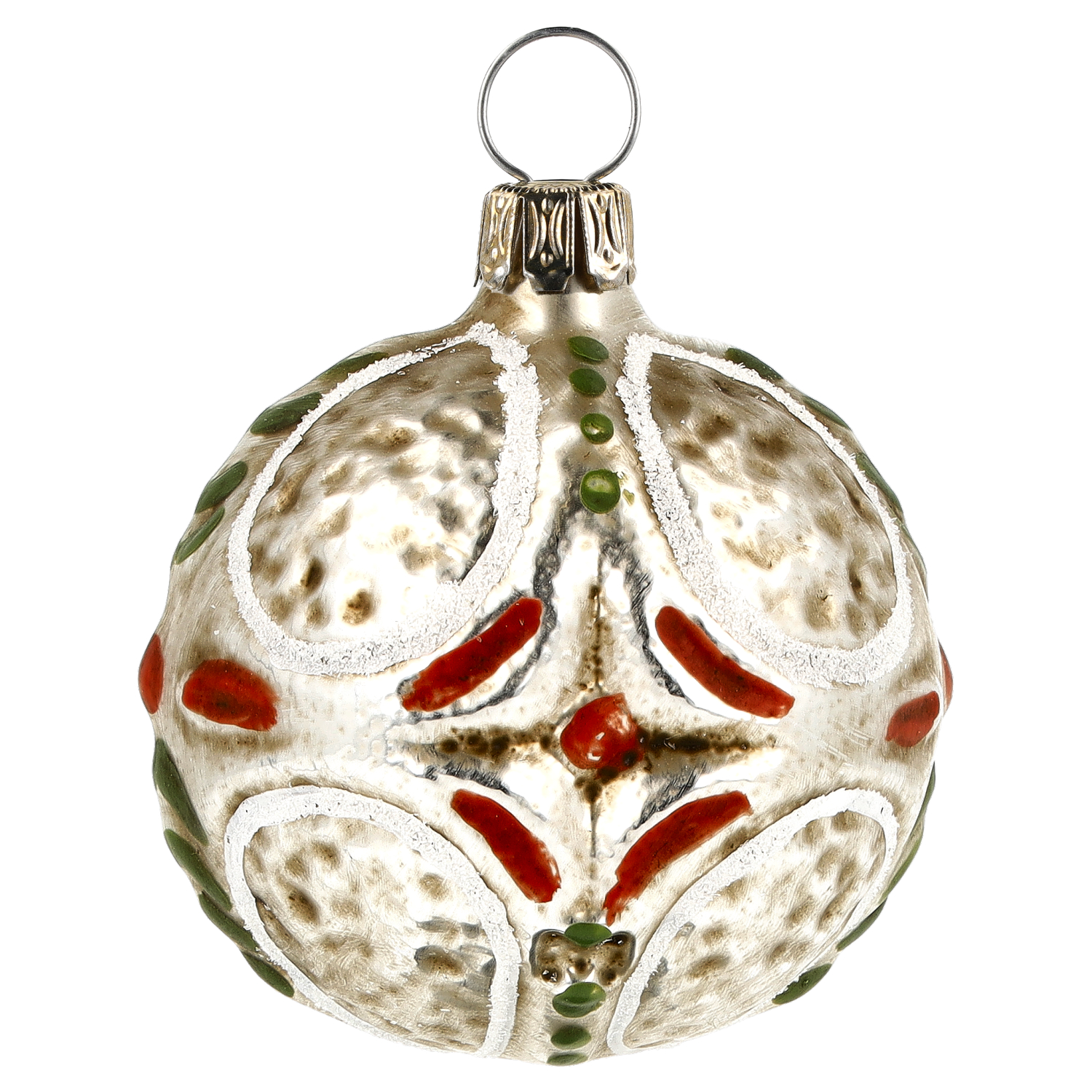 Handbemalte Glas-Weihnachtskugel, silbern, rot-grün, retro