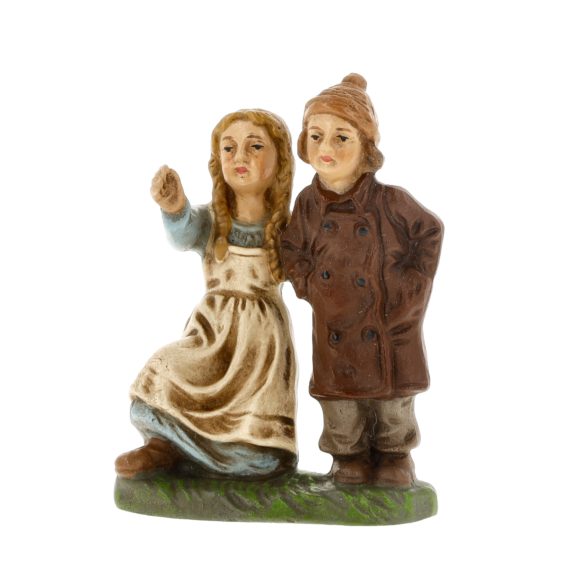Nostalgische Kinderfiguren: Mädchen zeigt, Junge steht