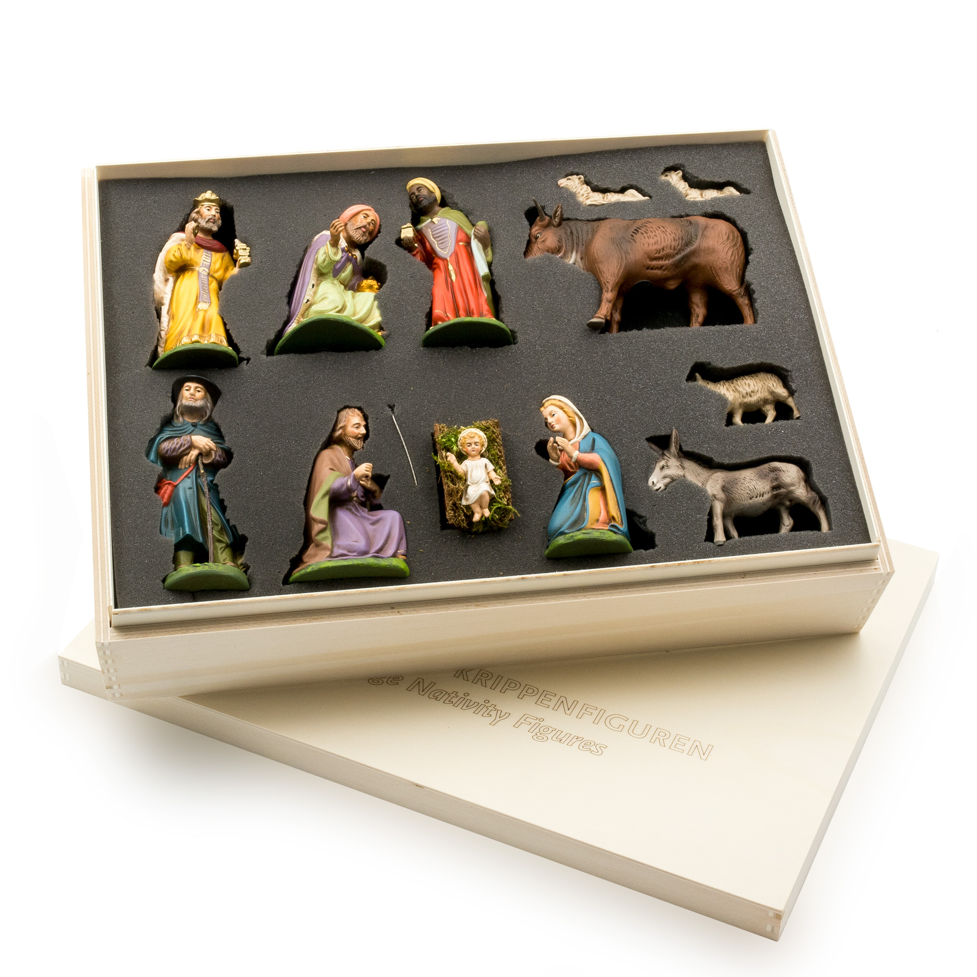 Weihnachtskrippenfiguren in Holzbox mit Schaumstoffeinlage