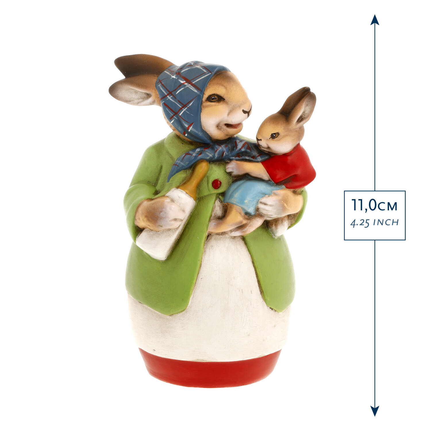 Bemalte Hasenfigur Mutter mit Baby und Flasche, 11 cm