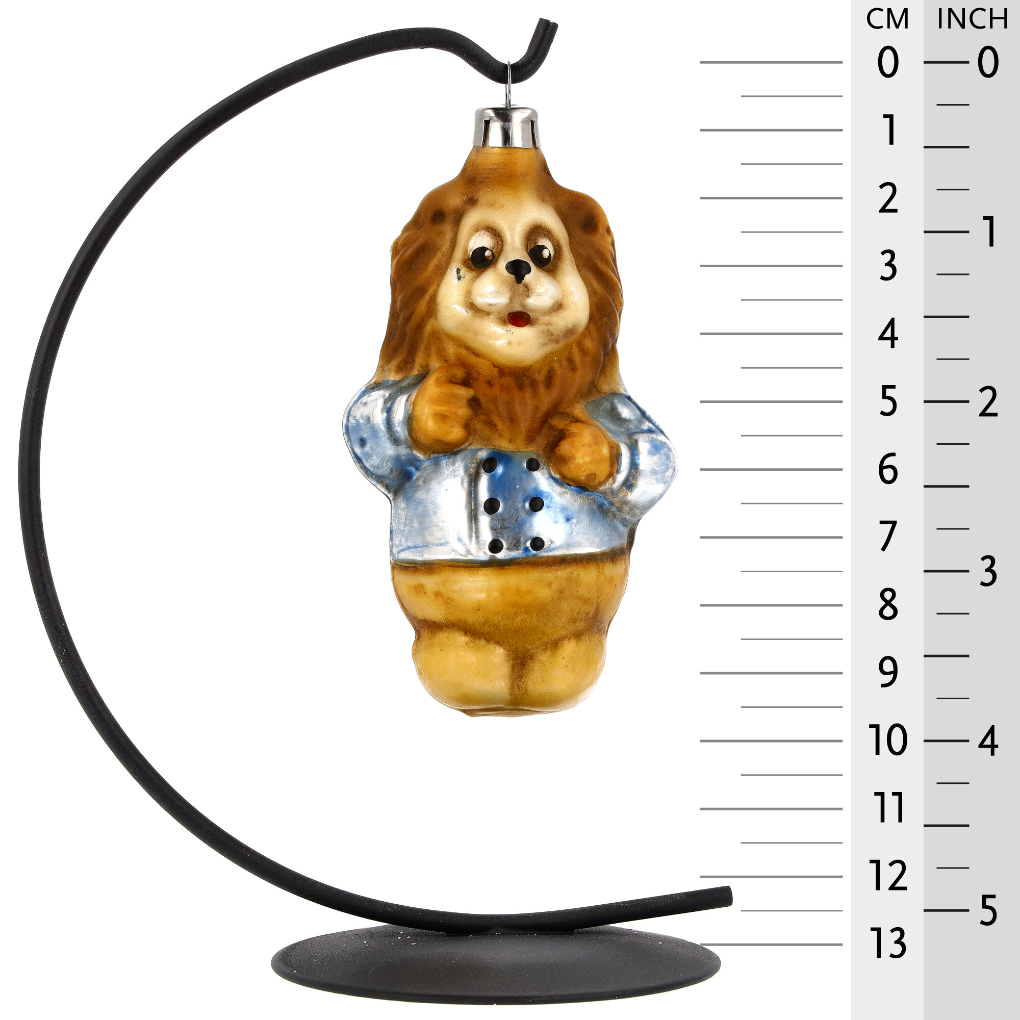Glas-Weihnachtsanhänger Löwe mit blauer Jacke, 12 cm