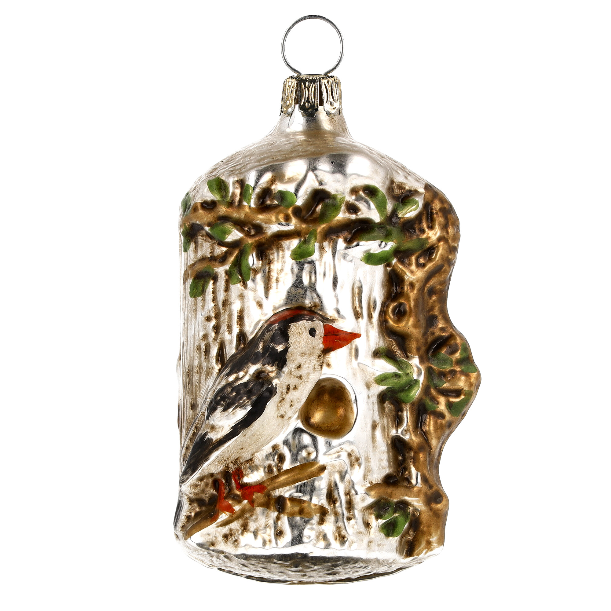 Glasornament Specht auf Baumstamm, Weihnachtsdeko