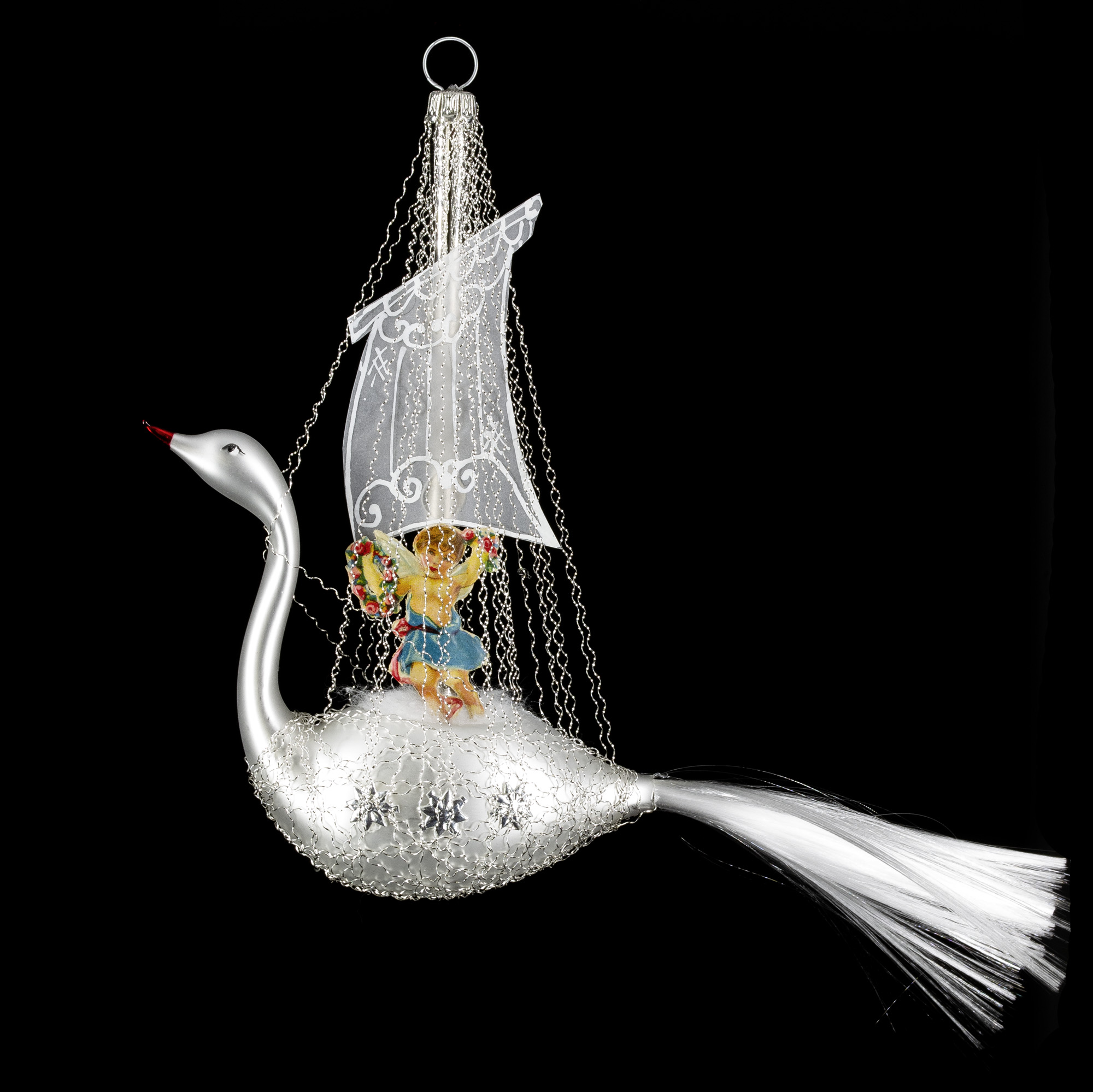 Glas-Christbaumschmuck: Schwan mit Engel und Segel