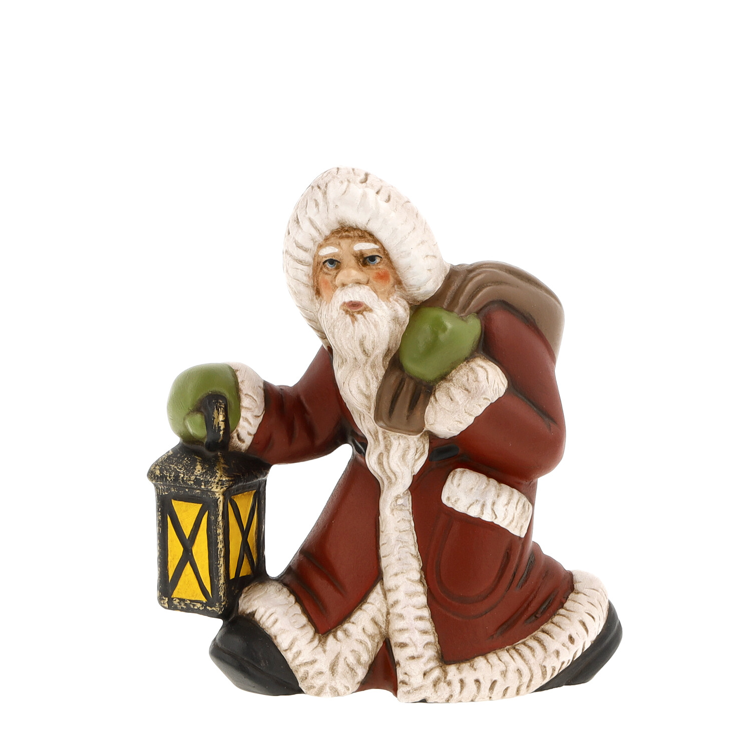 Dekofigur Weihnachtsmann mit Laterne, kniend in Rot