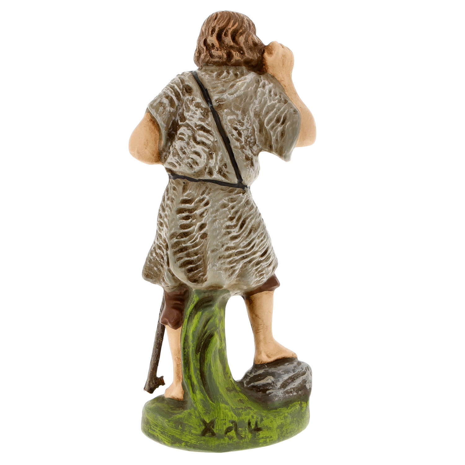 Handbemalte Hirtenfigur mit Stab, Rückansicht