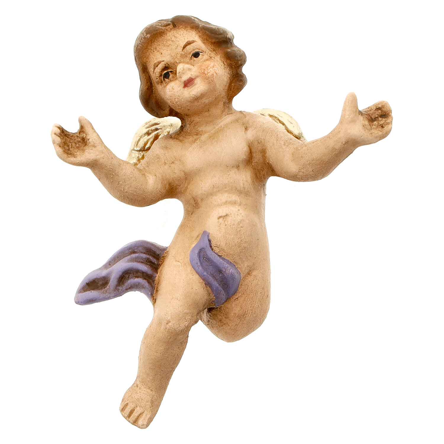 Putto-Engel Figur, handbemalt, goldene Flügel, lila Tuch