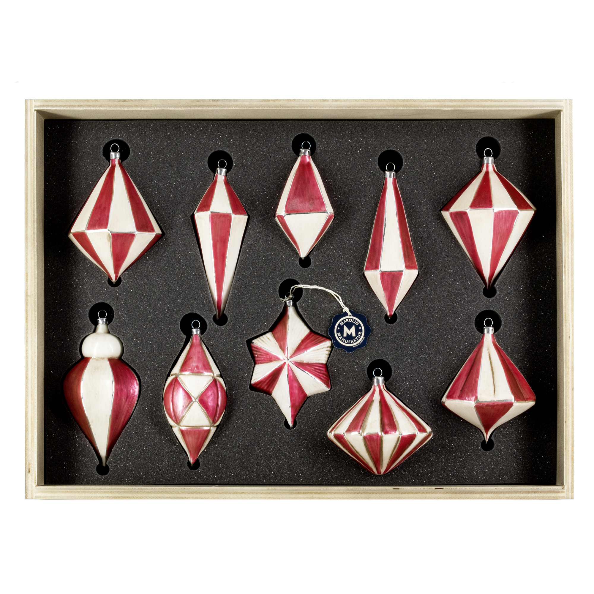 10-teiliges rot-weißes Christbaumschmuck-Set in Holzbox