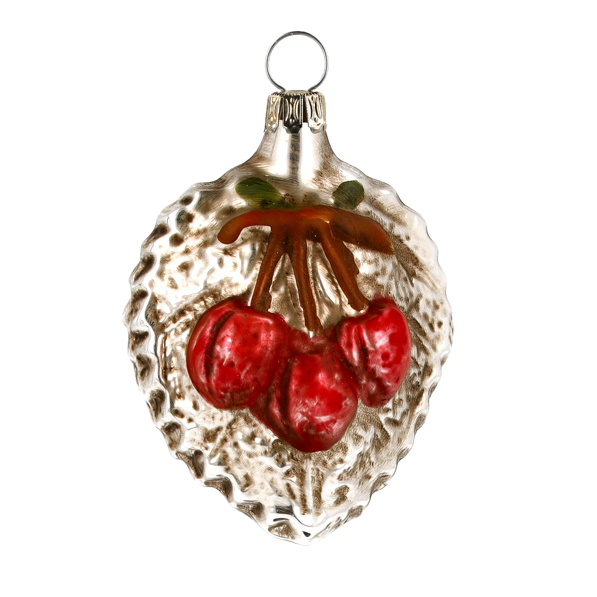 Vintage Glas-Ornament Kirschen in Blattform, silber-rot