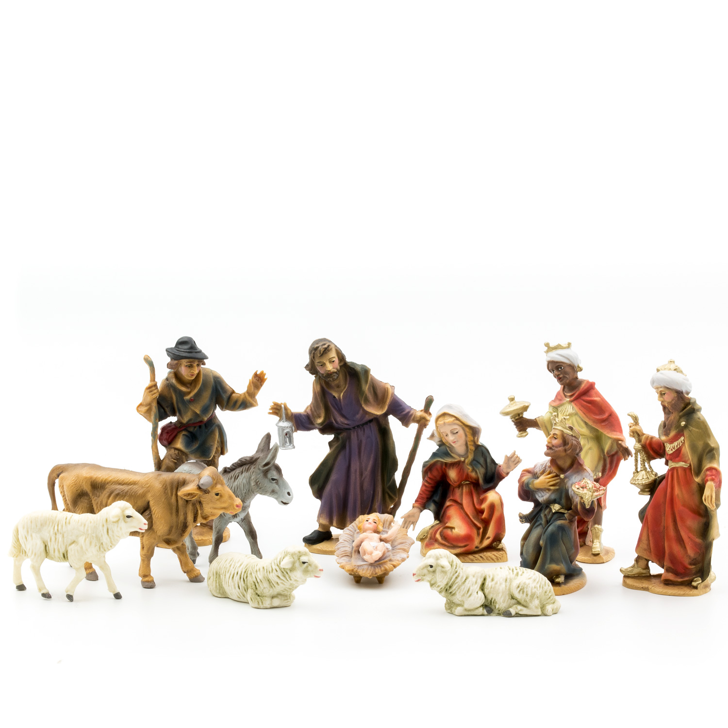 Weihnachtskrippe mit Figuren und Tieren, handbemalt