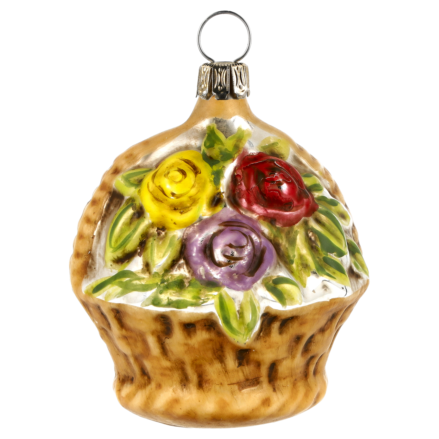Weihnachtskugel Blumenkorb aus Glas, handbemalt