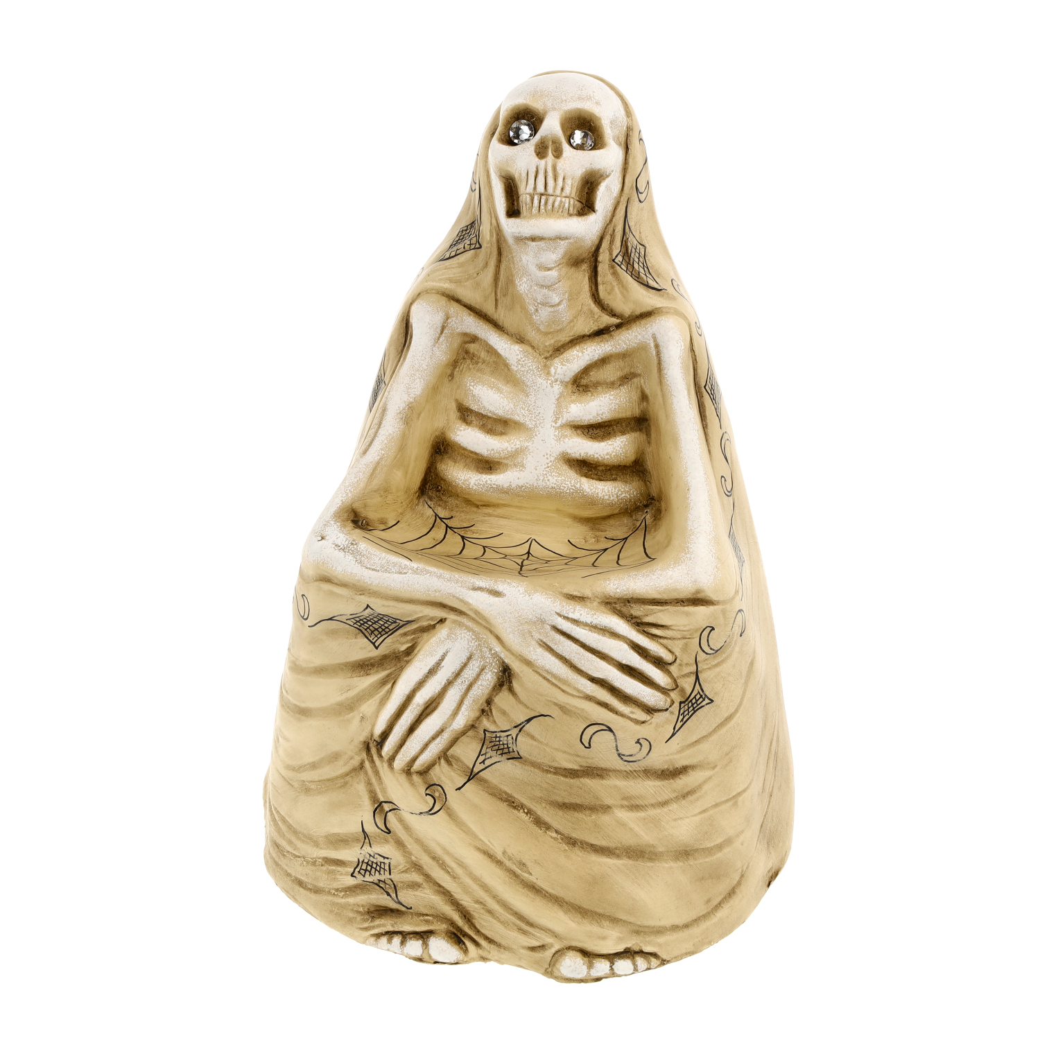 Beige sitzende Skelettfigur mit Mantel und Verzierungen