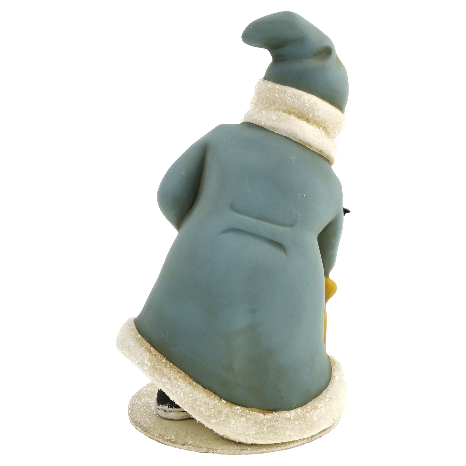 Deko-Winterfigur in blauem Mantel und Mütze, hinten