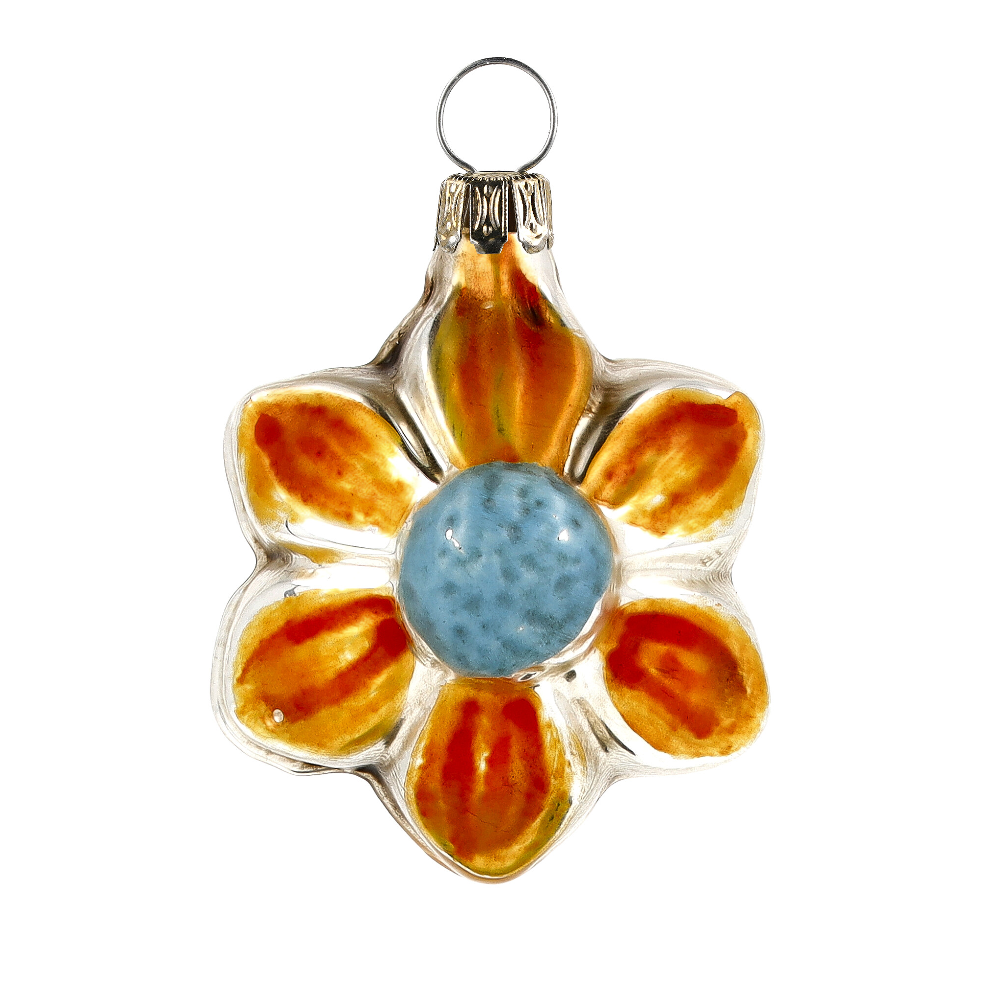 Christbaumschmuck Glasblume orange mit blauem Zentrum