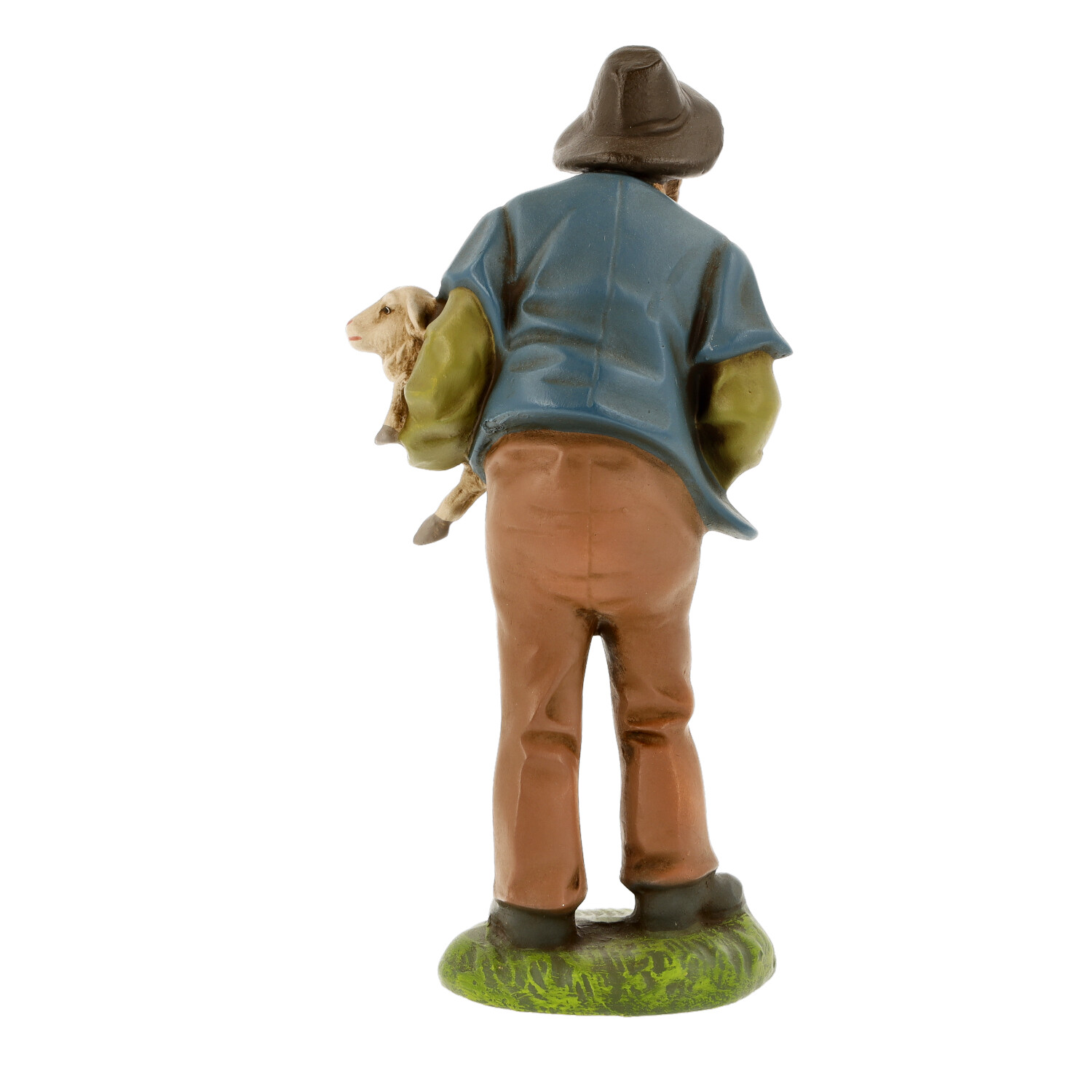 Krippenfigur Hirte von hinten mit Lamm im Arm