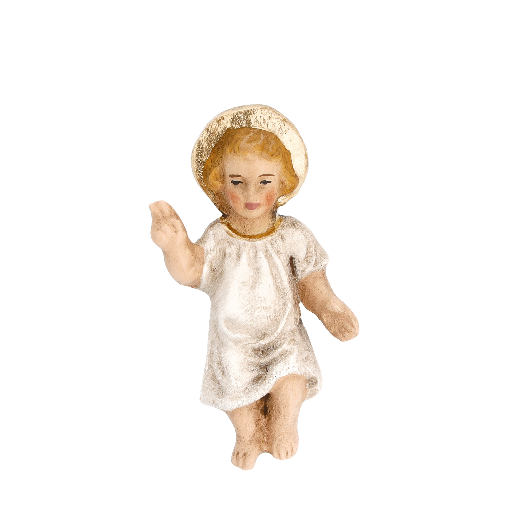 Jesuskind Krippenfigur im weißen Gewand, handbemalt