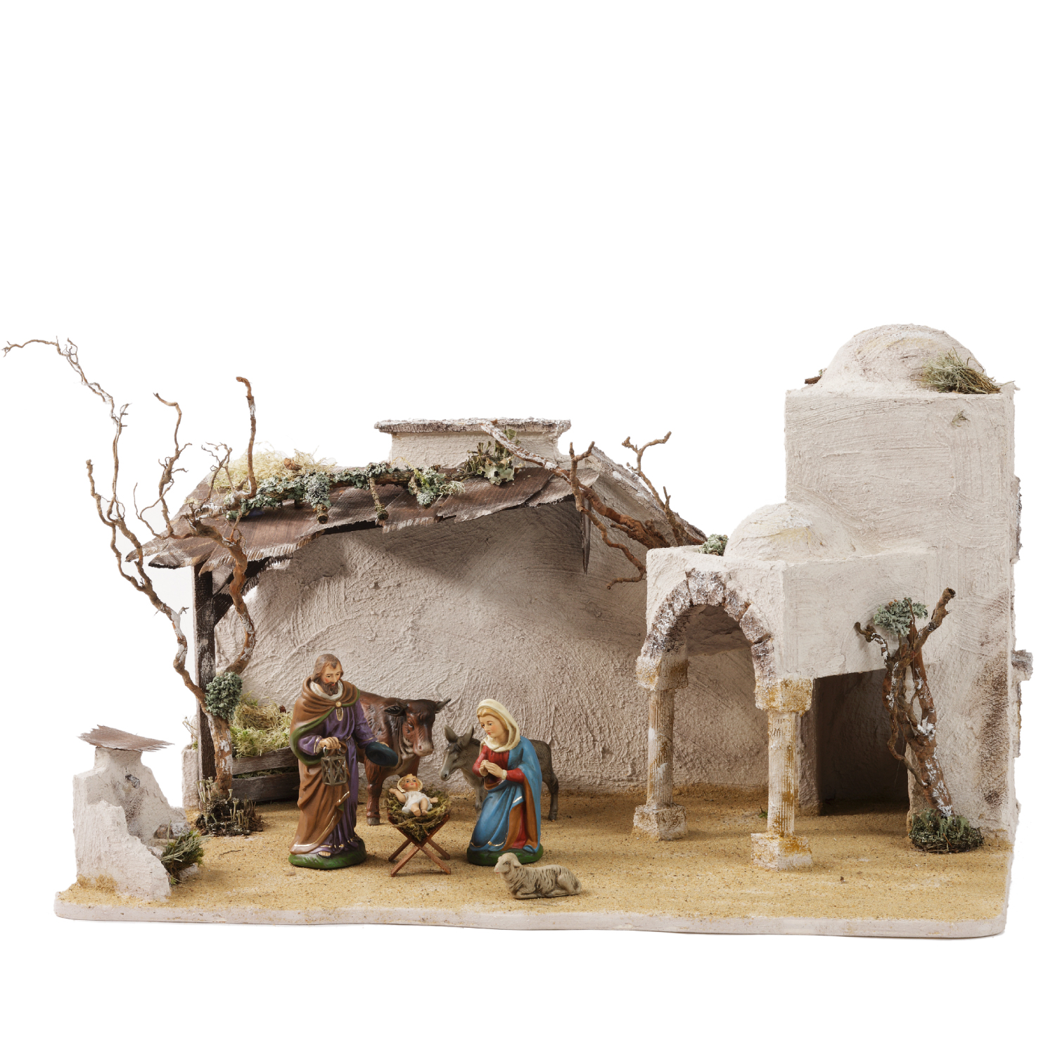 Krippenszene mit der Heiligen Familie und Stall