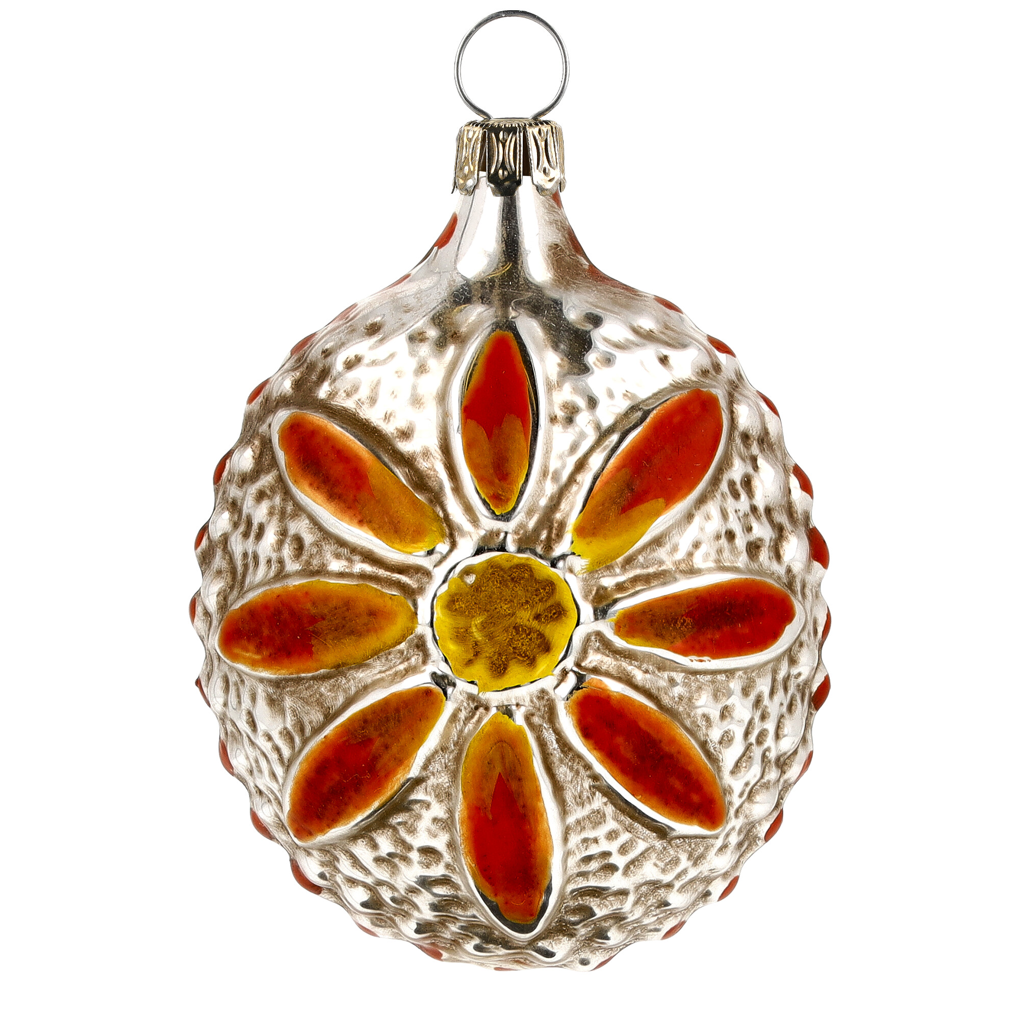 Silberne Glas-Christbaumkugel mit orange-gelber Blume