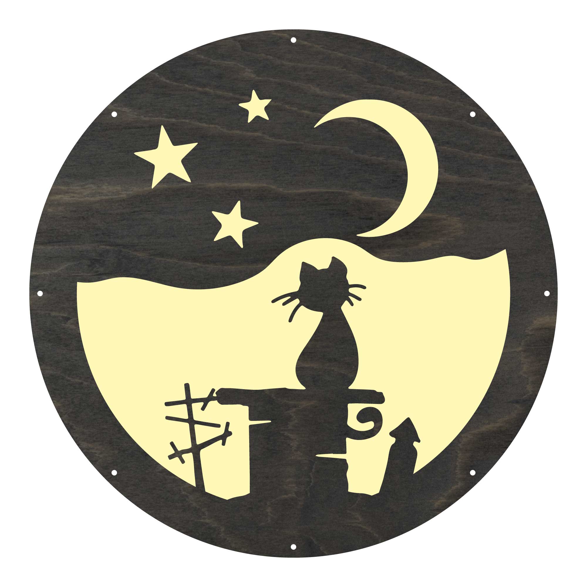 Holz-Wandbild mit Katze, Halbmond und Sternen in Silhouette