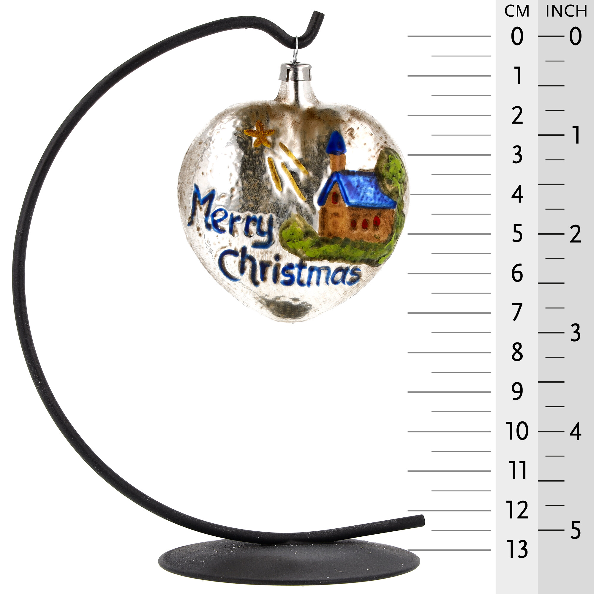 Nostalgisches Glasornament - Herz mit Kirche und Sternen blaues Dach