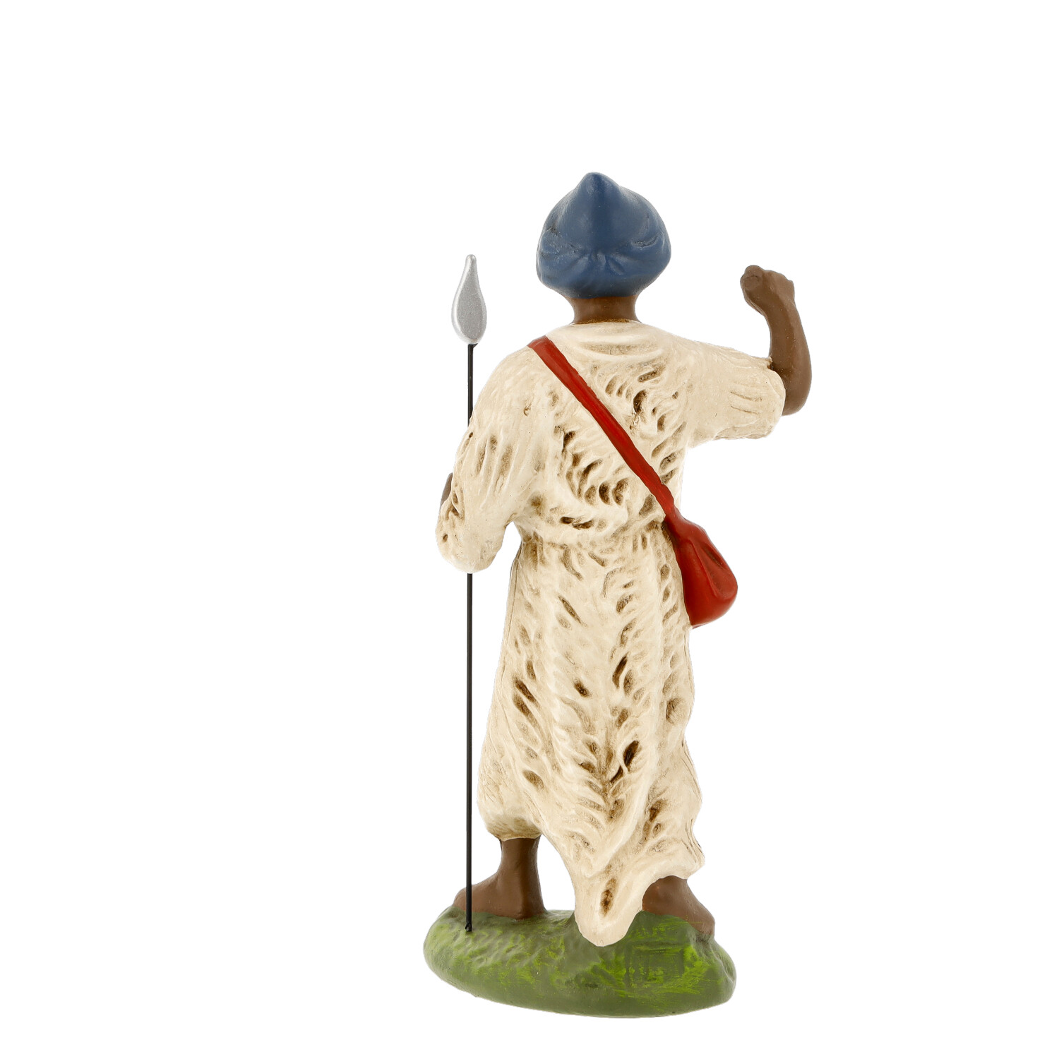 Wächterfigur mit Speer und roter Tasche, auf Sockel