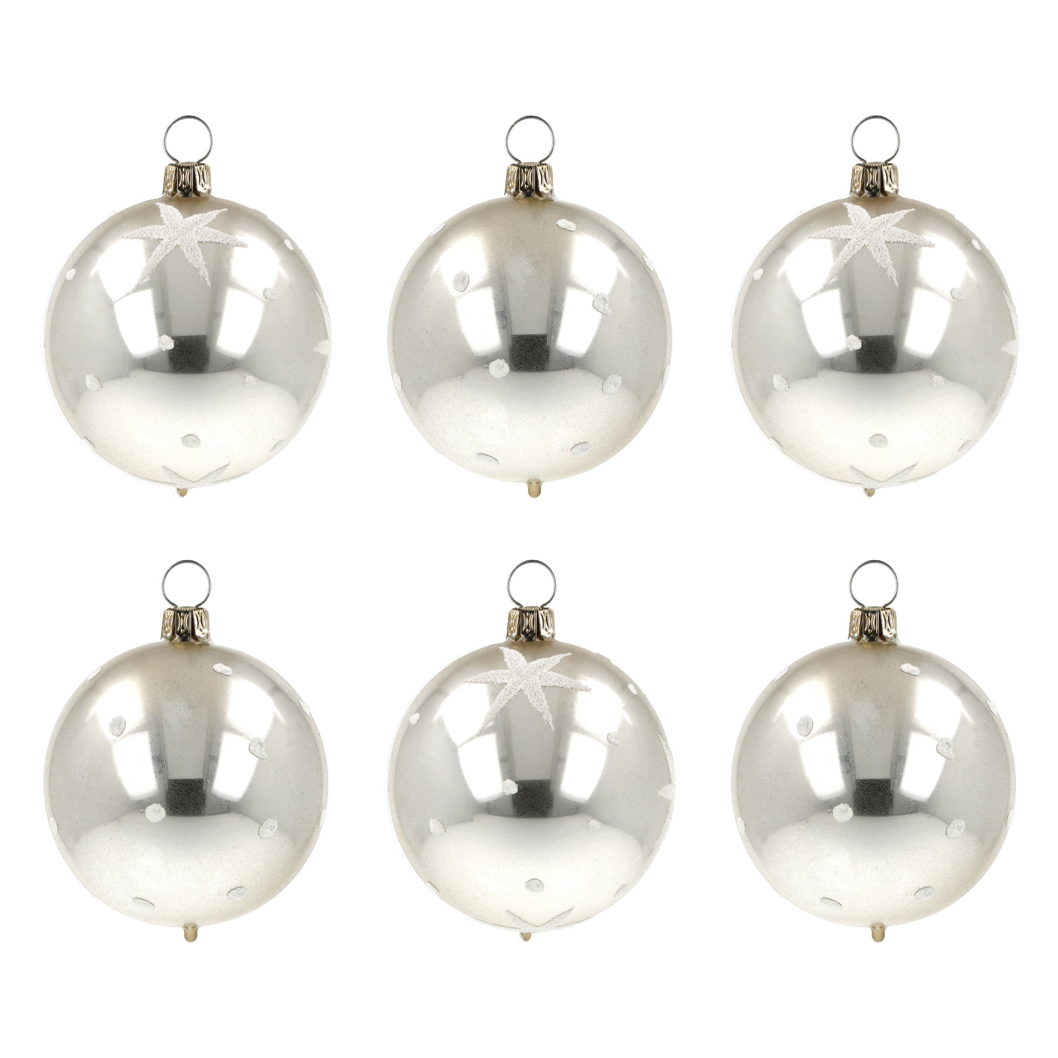 Set aus 6 silbernen Glas-Weihnachtskugeln mit Sternen