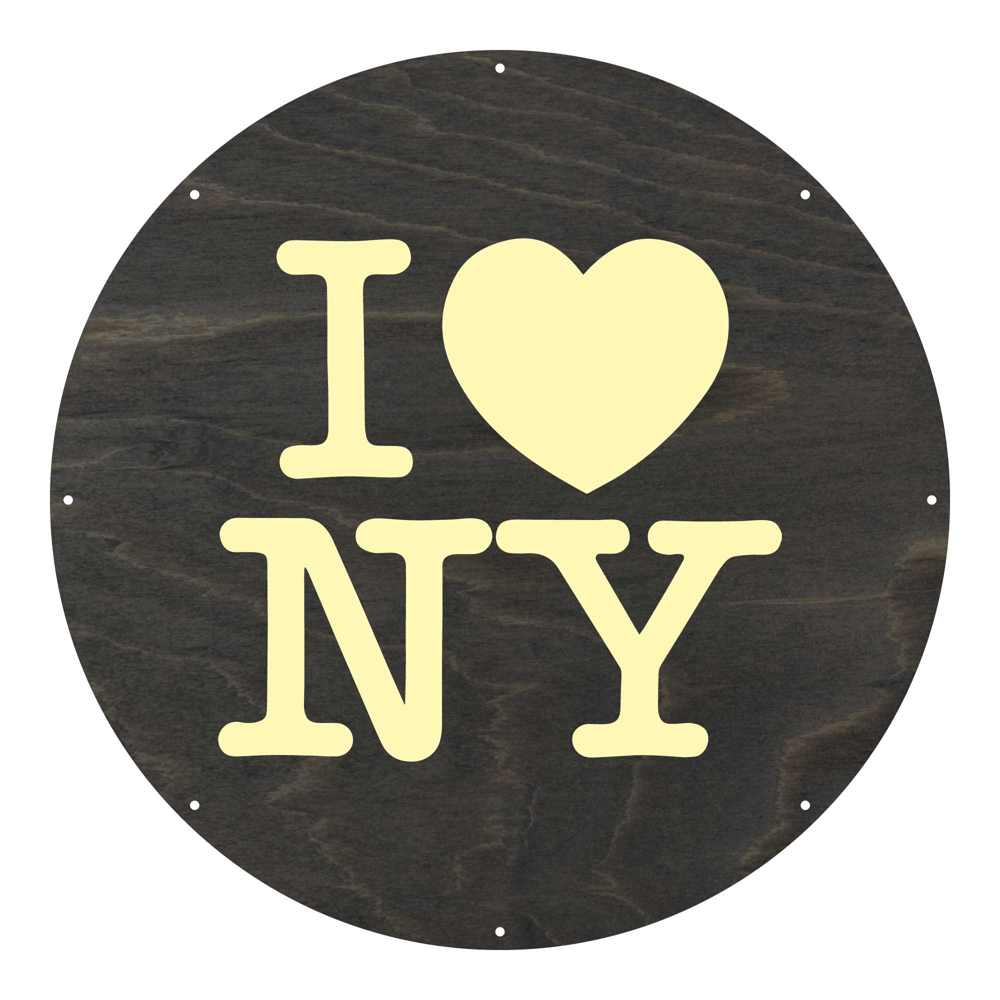 Rundes Holzschild mit I Love NY Schriftzug in Beige
