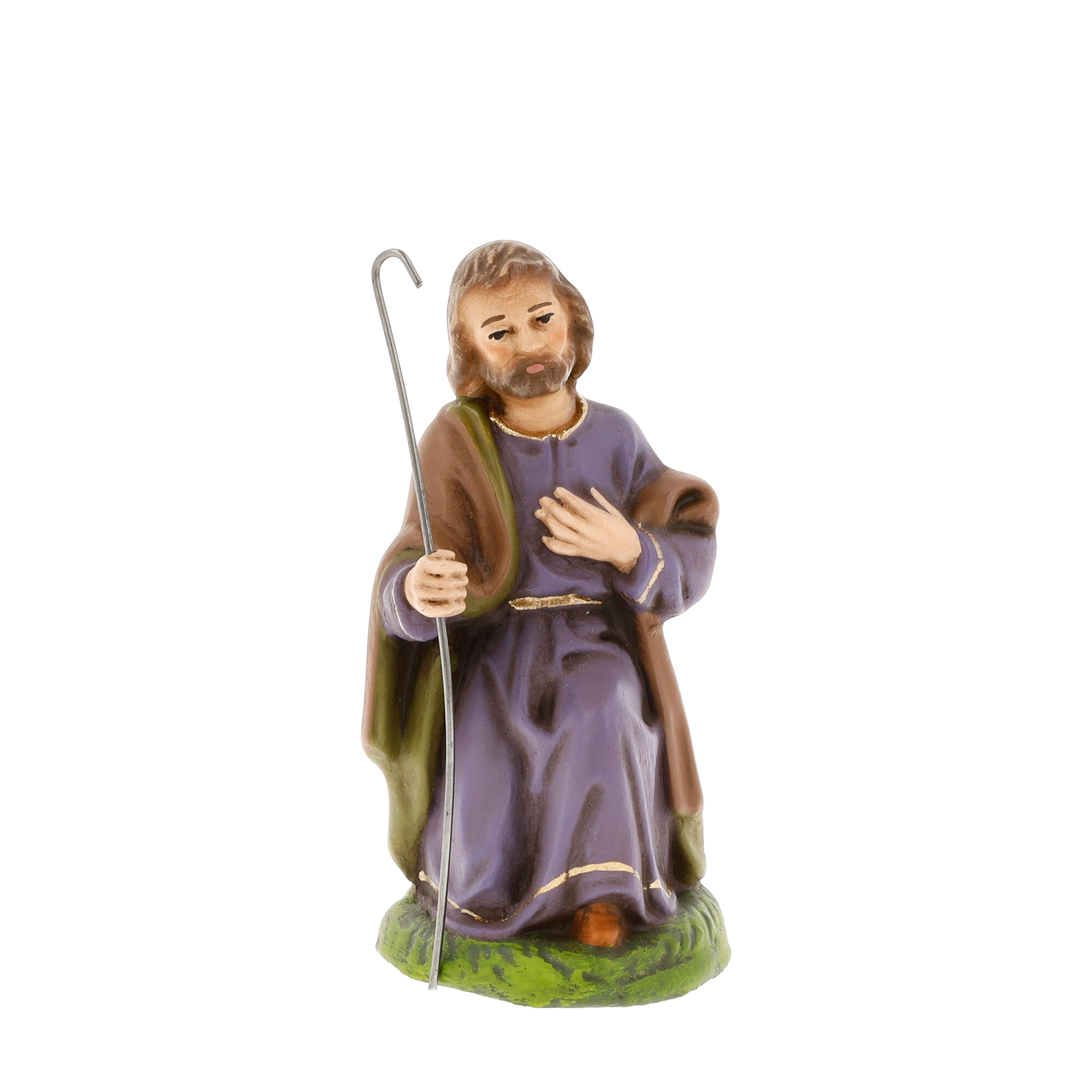 Sitzende Krippenfigur Hirte mit Stab im lila Gewand