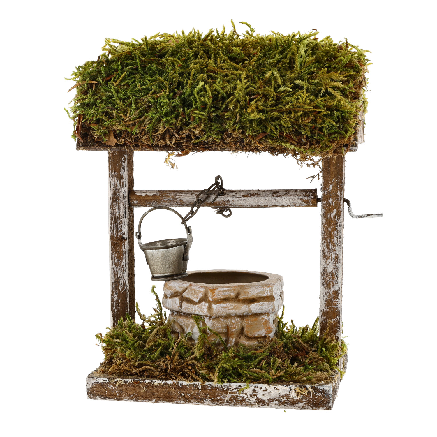 Miniatur-Krippenbrunnen mit Moosdach und Metalleimer