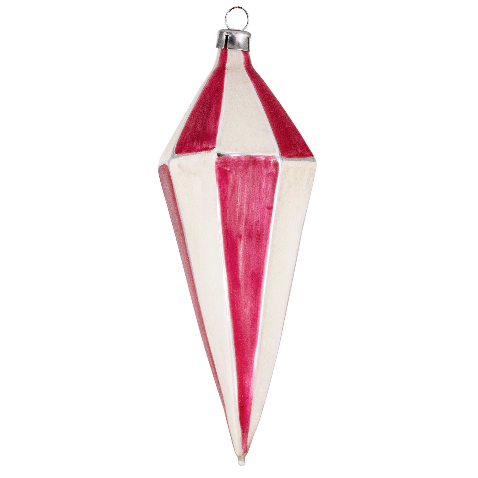 Rot-weißes Weihnachtsornament in spitzer Tropfenform