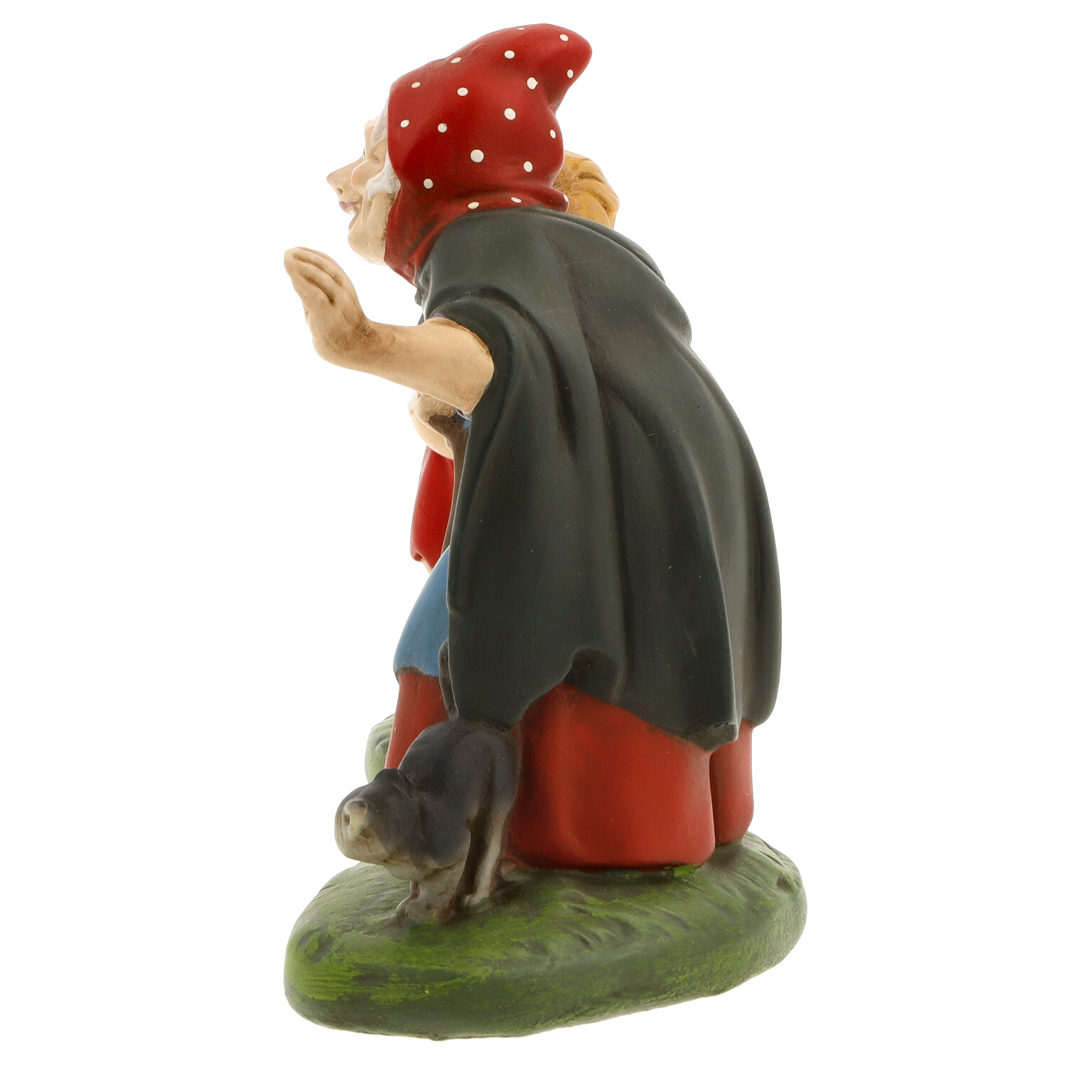 Figur: alte Frau mit roter Haube, schwarzem Umhang, Tier