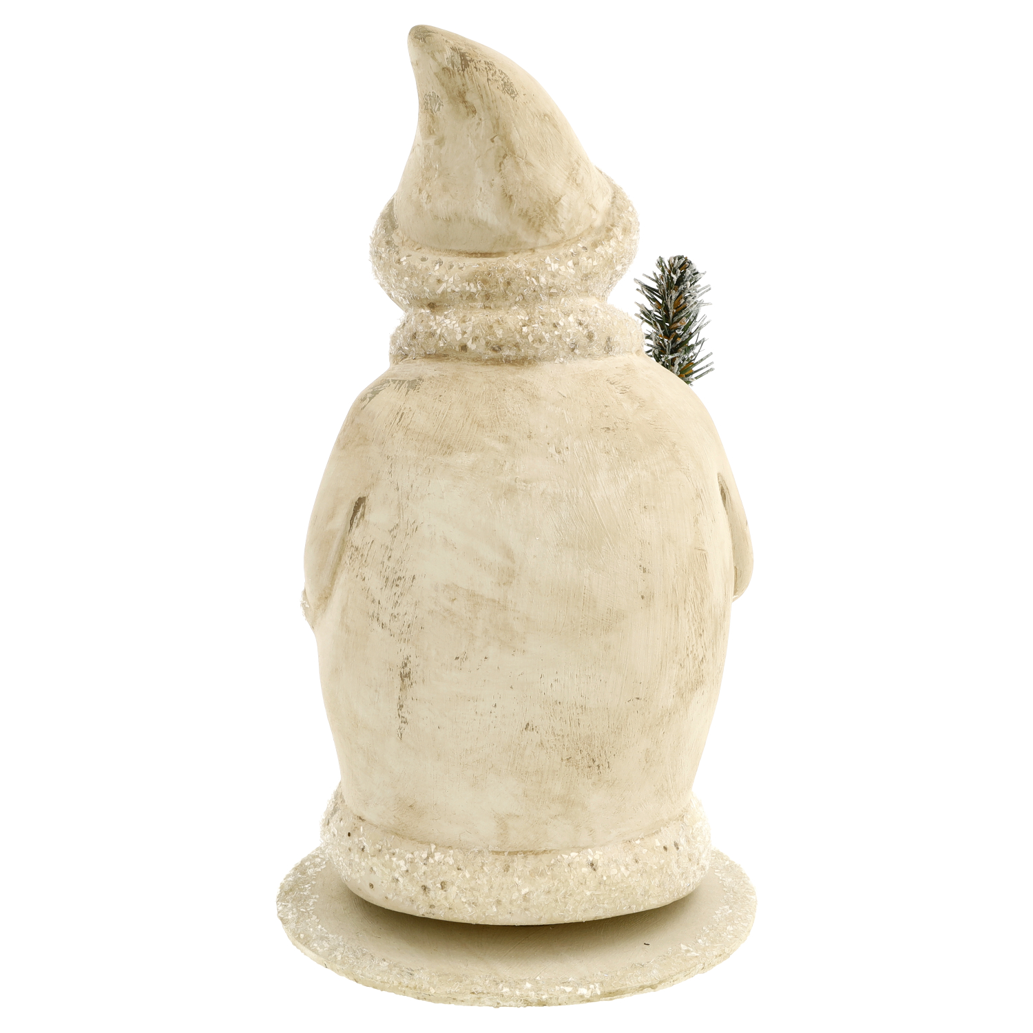 Schneemann-Figur in Creme, hinten, mit glitzerndem Schal