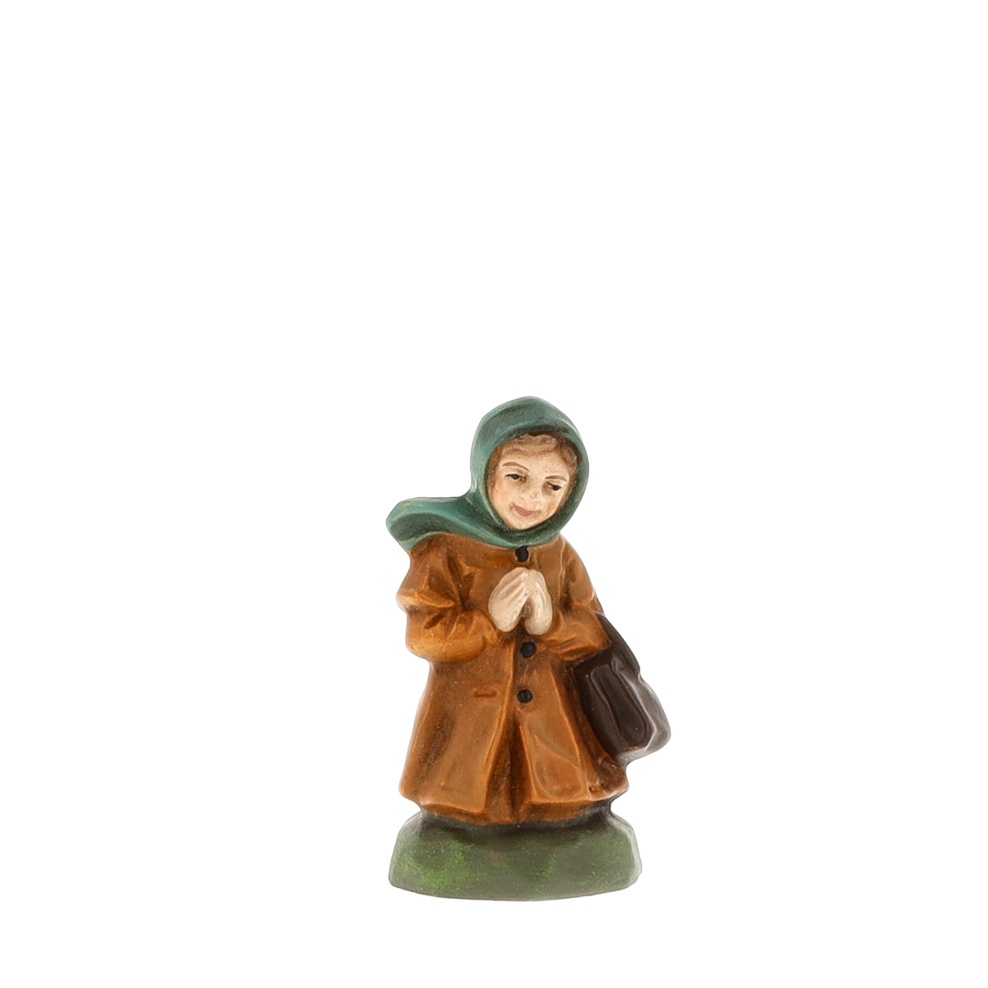 Handbemalte Krippenfigur: Mädchen mit Kopftuch und Tasche