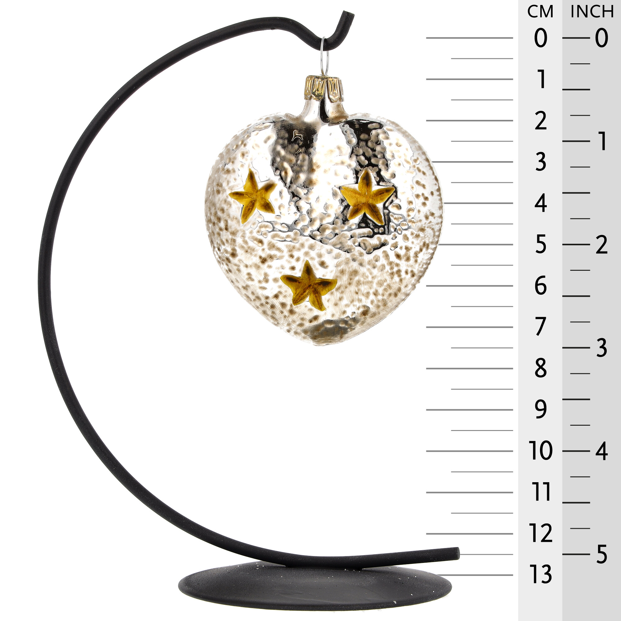 Christbaumschmuck Herz aus Glas silbern mit goldenen Sternen