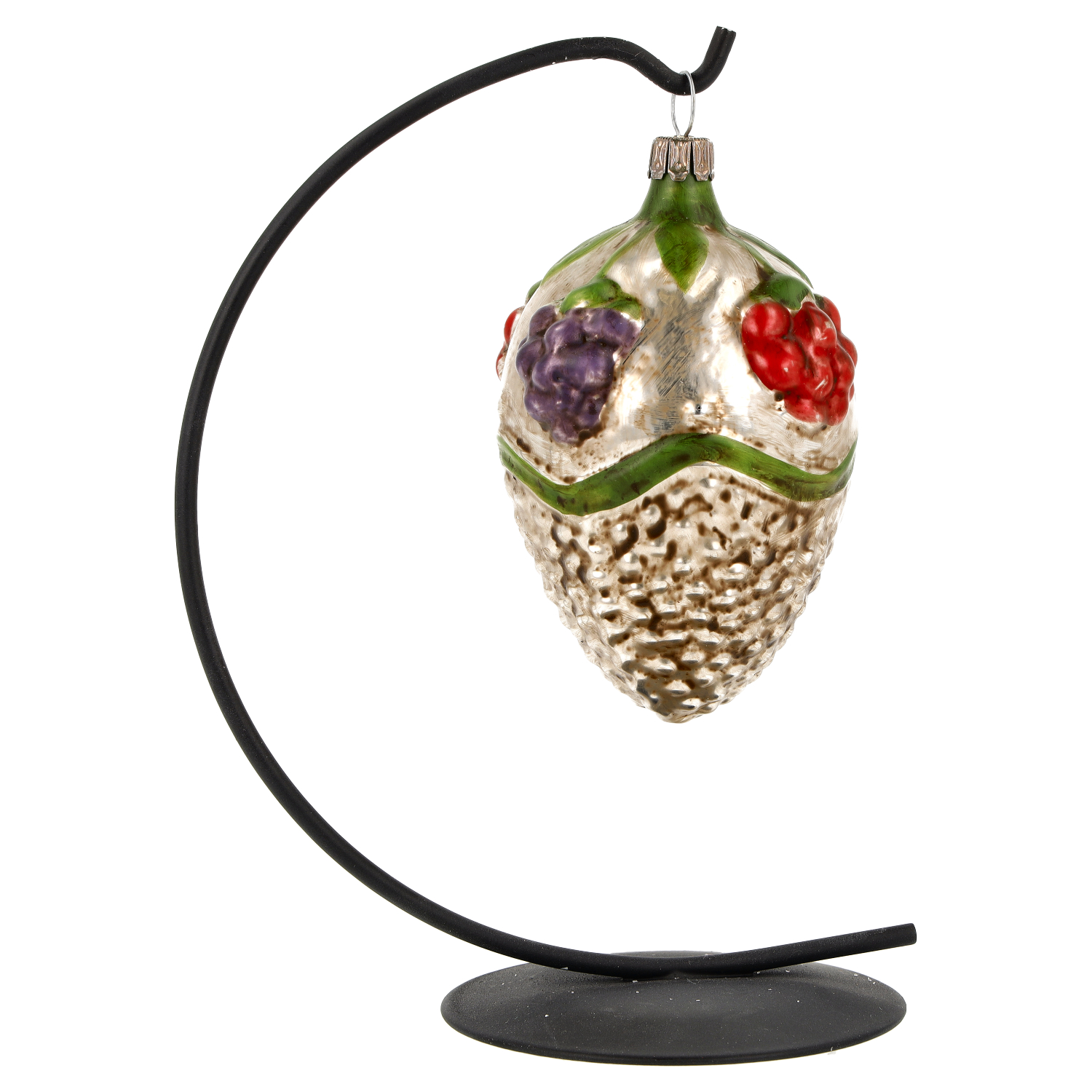 Glas-Christbaumschmuck in Zapfenform mit Beeren, silber
