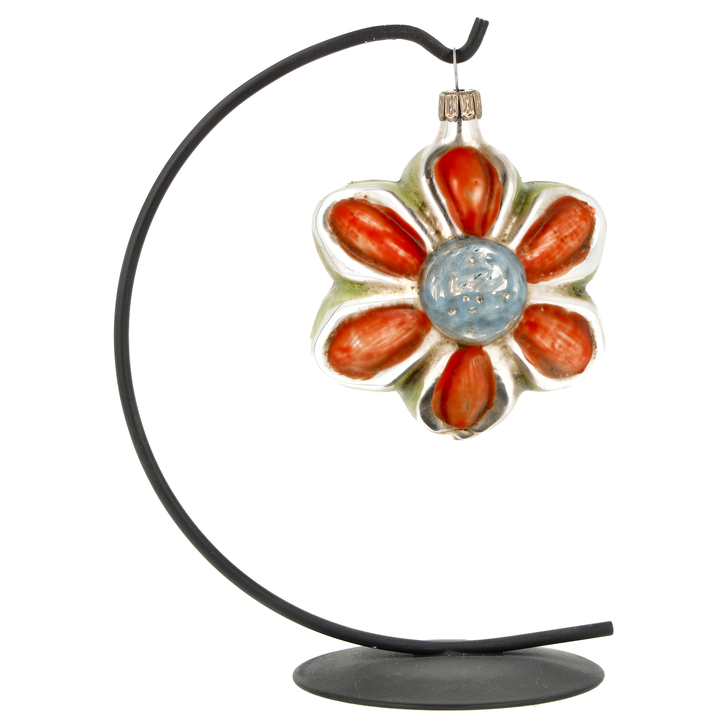 Glas-Blumenanhänger, orange mit blauem Zentrum