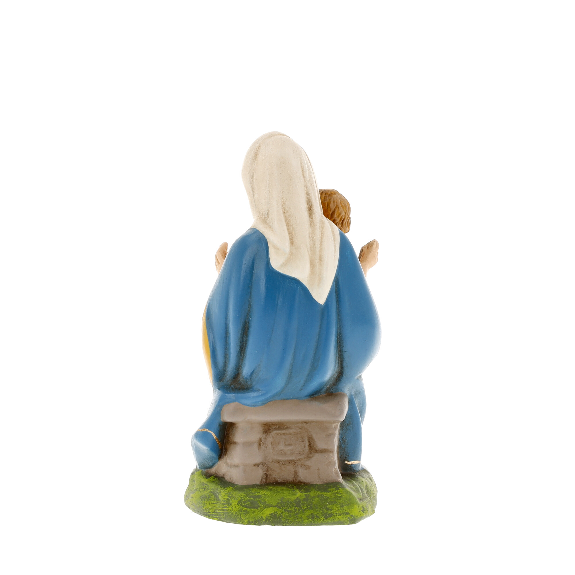 Krippenfigur Maria mit Kind, Rückansicht auf Bank