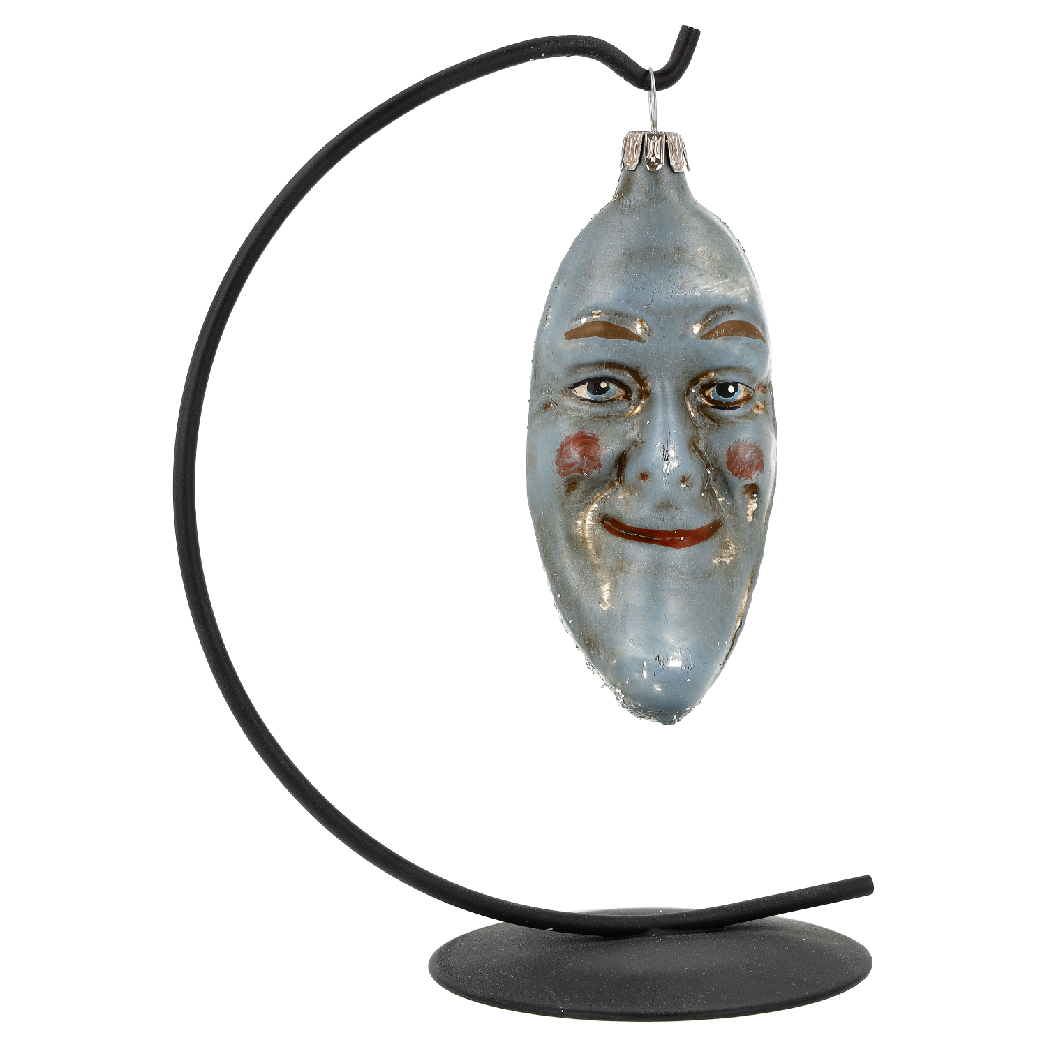 Glas-Christbaumschmuck mit Gesicht, vintage, am Ständer
